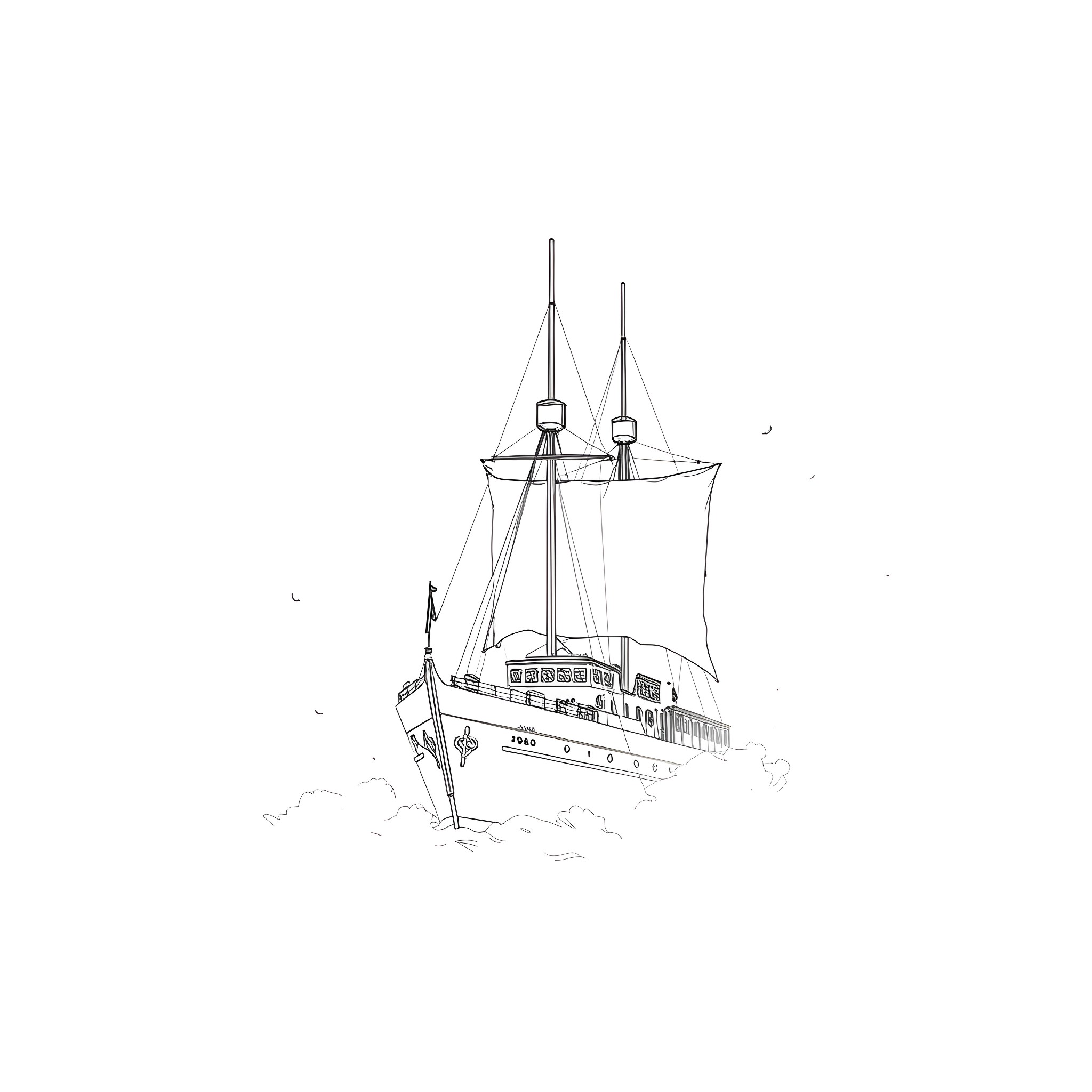 Ship sailing majestically across the waves Coloring Page (free black-and-white line drawing printable PDF for all, from beginners to advanced learners, including children, teens, adults, and seniors)