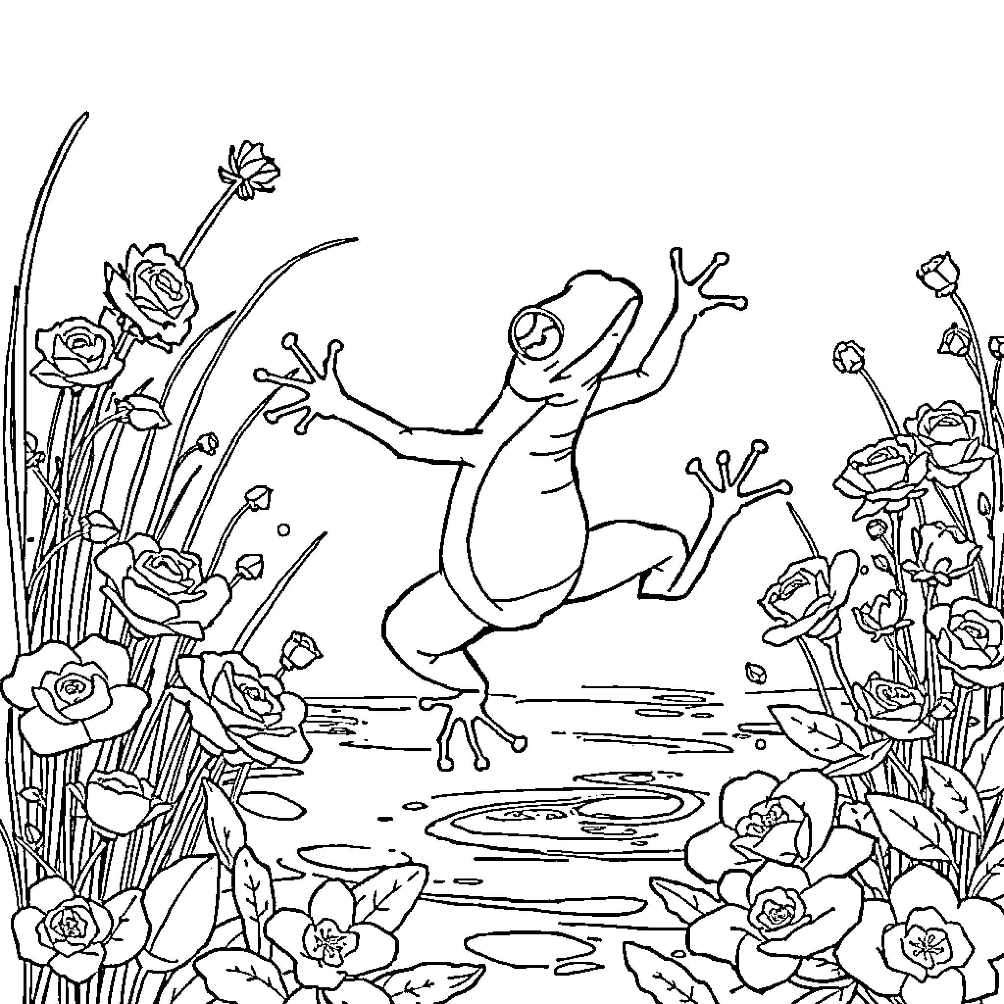 Frog leaping joyfully amidst a floral landscape Coloring Page (free black-and-white line drawing printable PDF for all, from beginners to advanced learners, including children, teens, adults, and seniors)