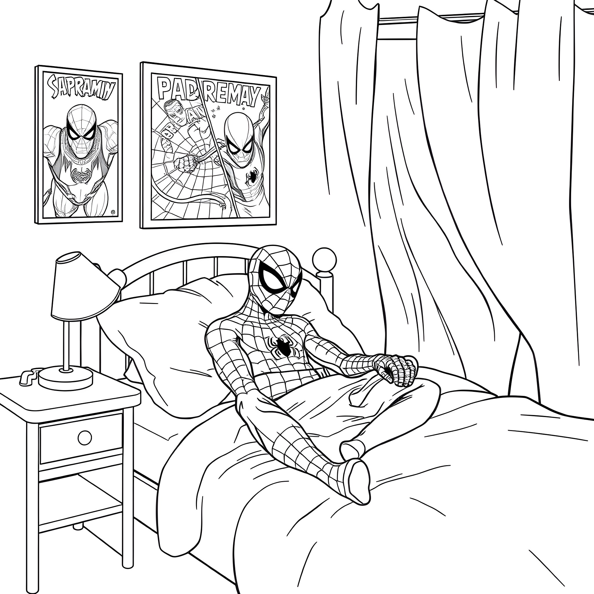 Spiderman relaxing in his bedroom Coloring Page (free black-and-white line drawing printable PDF for all, from beginners to advanced learners, including children, teens, adults, and seniors)