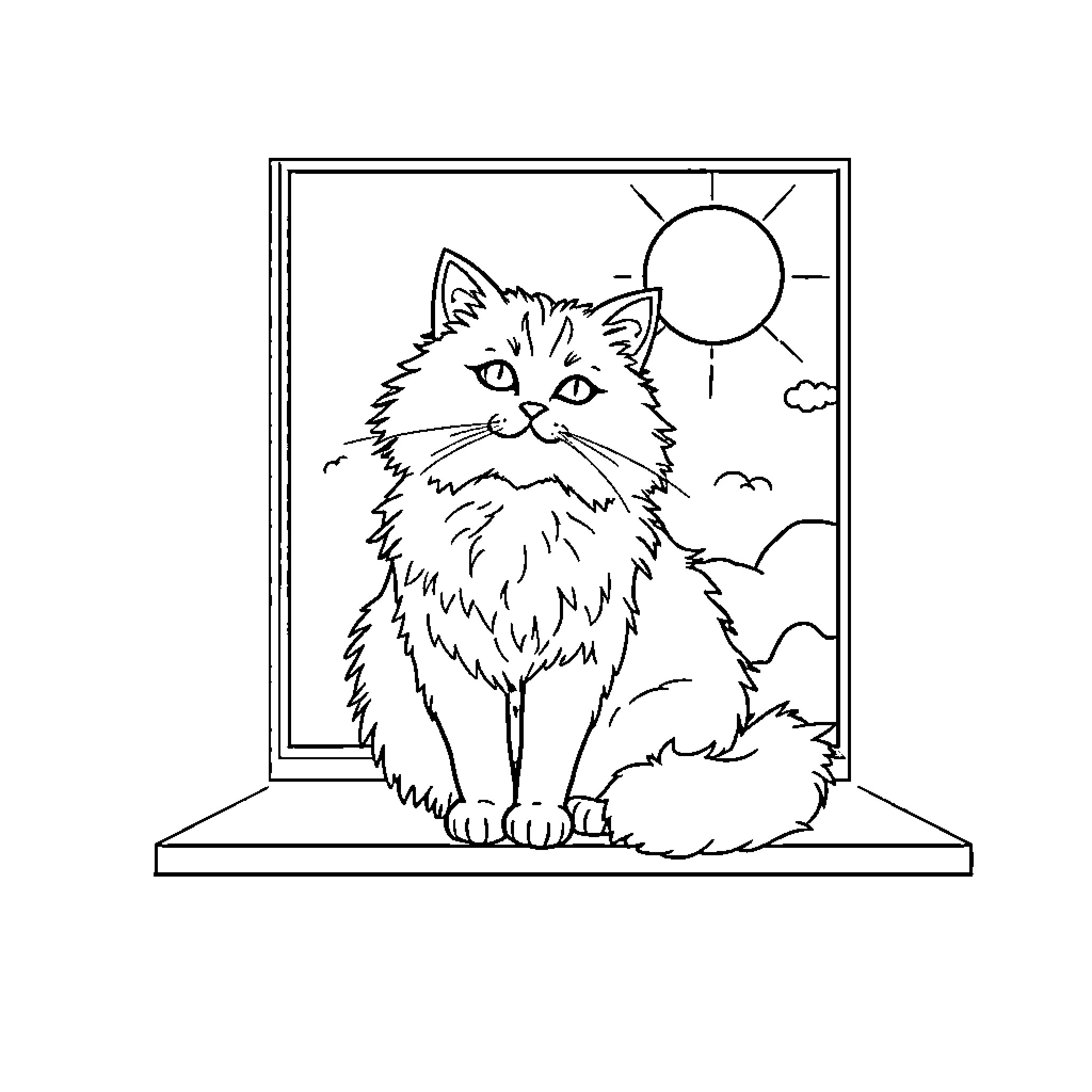 Cat sitting on windowsill in sunlight Coloring Page (free black-and-white line drawing printable PDF for all, from beginners to advanced learners, including children, teens, adults, and seniors)