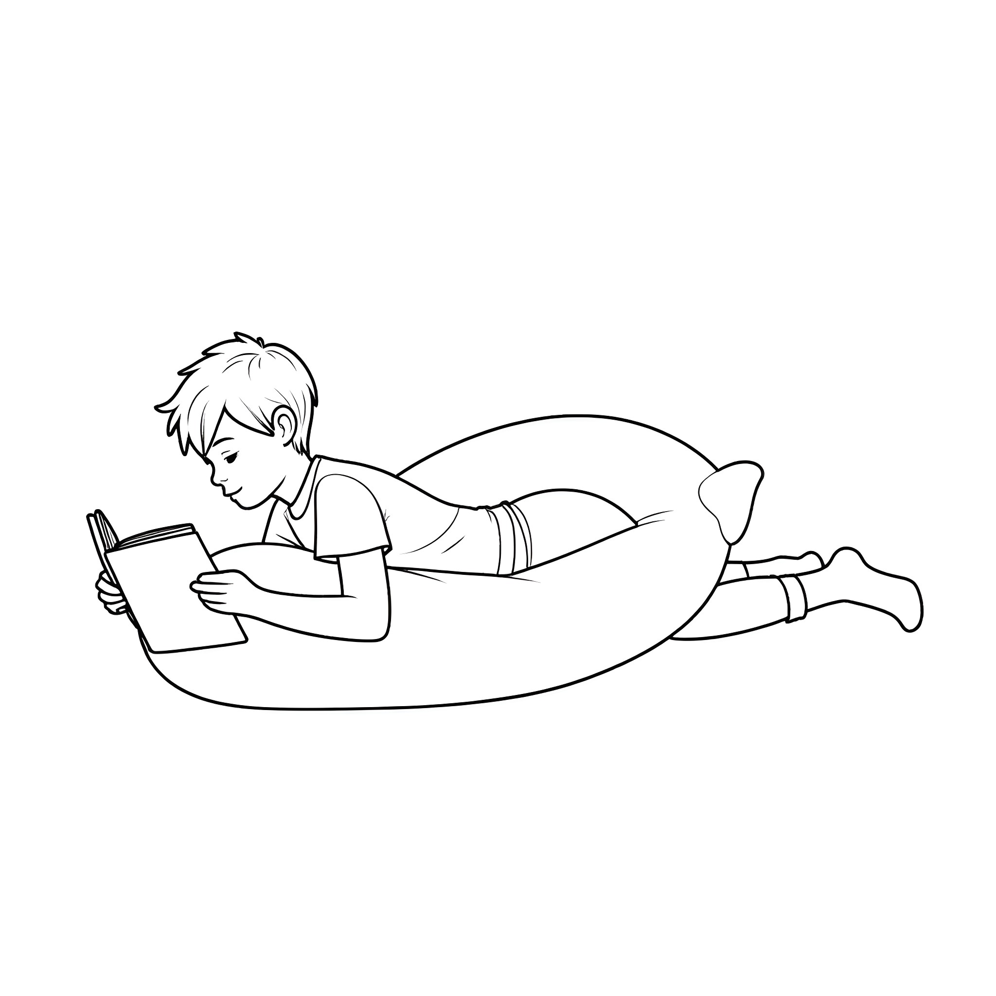 Boy reading a book on the floor Coloring Page (free black-and-white line drawing printable PDF for all, from beginners to advanced learners, including children, teens, adults, and seniors)
