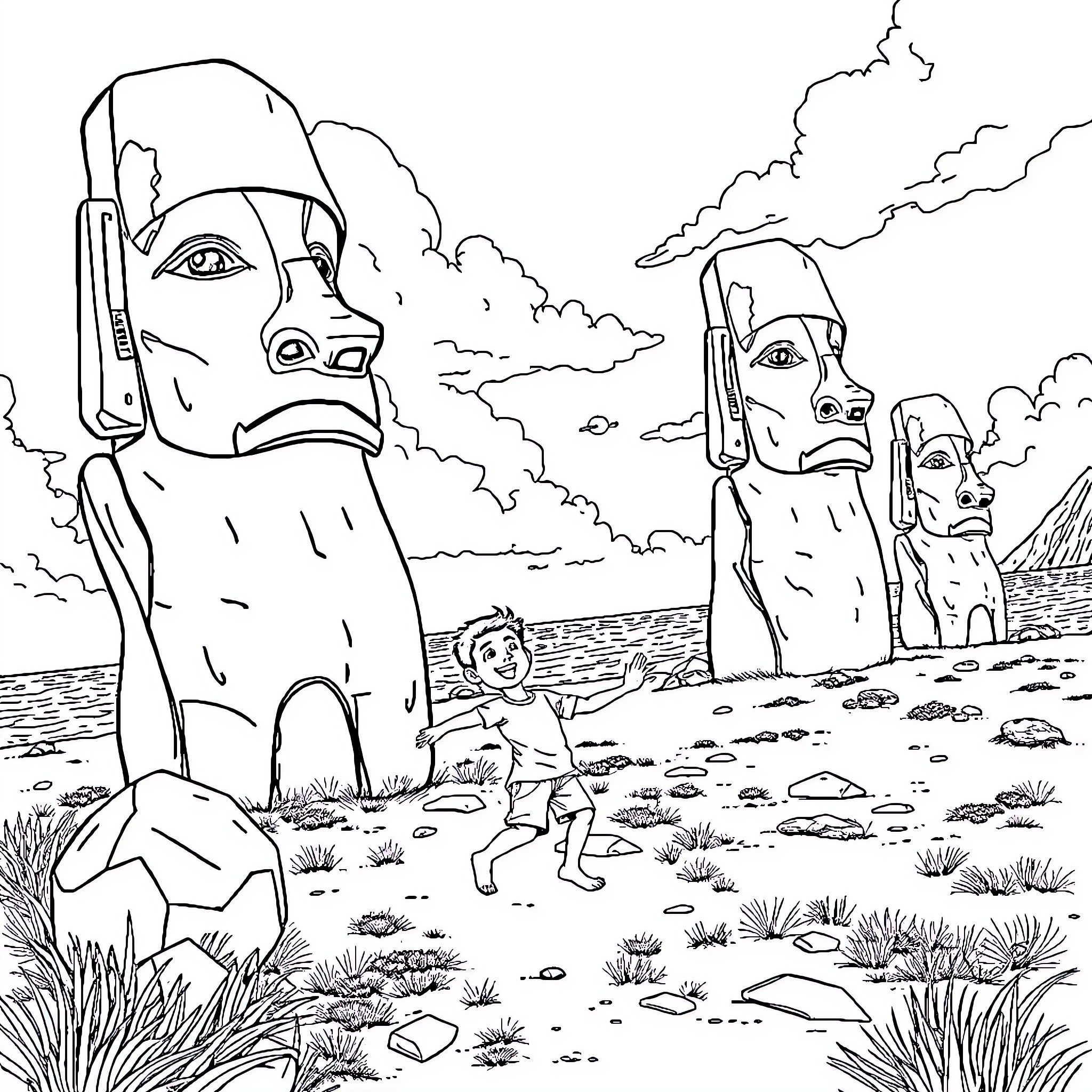 Child exploring mysterious stone statues in desert landscape Coloring Page (free black-and-white line drawing printable PDF for all, from beginners to advanced learners, including children, teens, adults, and seniors)