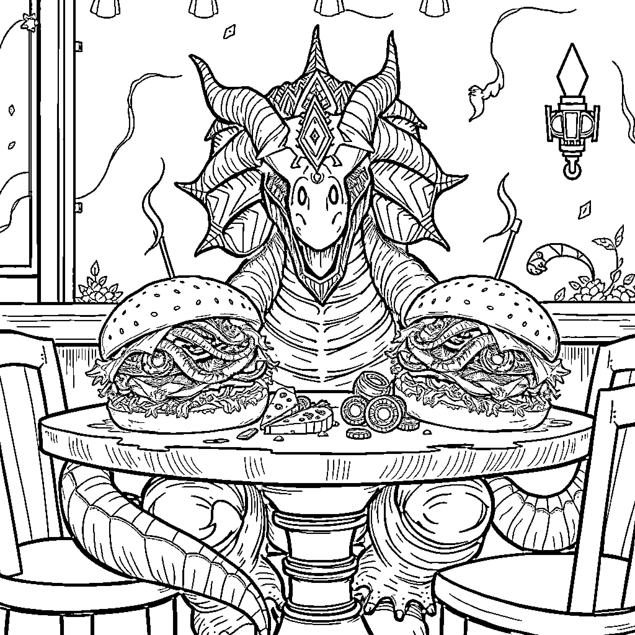 Demogorgon dining on burgers in an eatery Coloring Page (free black-and-white line drawing printable PDF for all, from beginners to advanced learners, including children, teens, adults, and seniors)