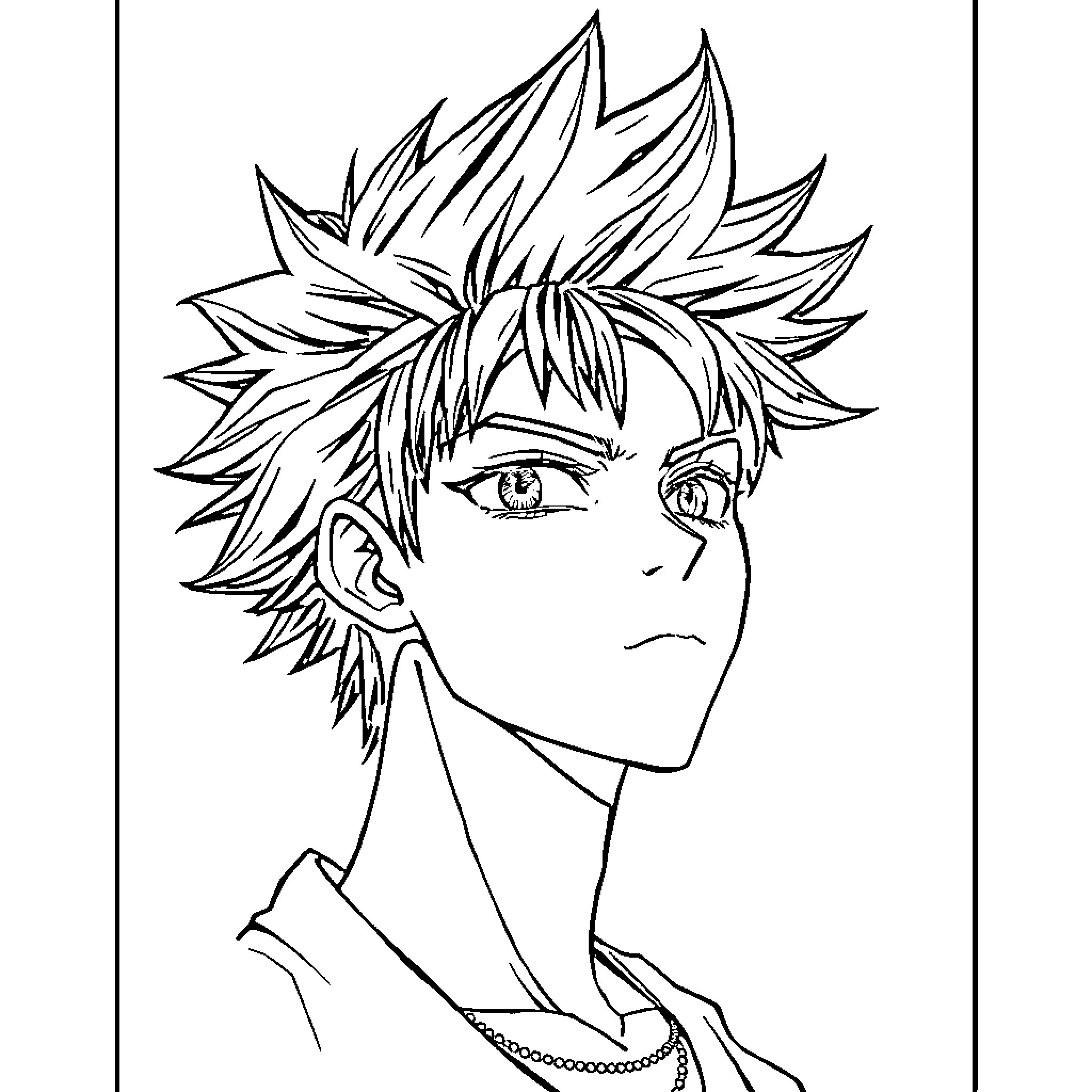 Anime Guy with Spiky Hair and Intense Expression Coloring Page (free black-and-white line drawing printable PDF for all, from beginners to advanced learners, including children, teens, adults, and seniors)