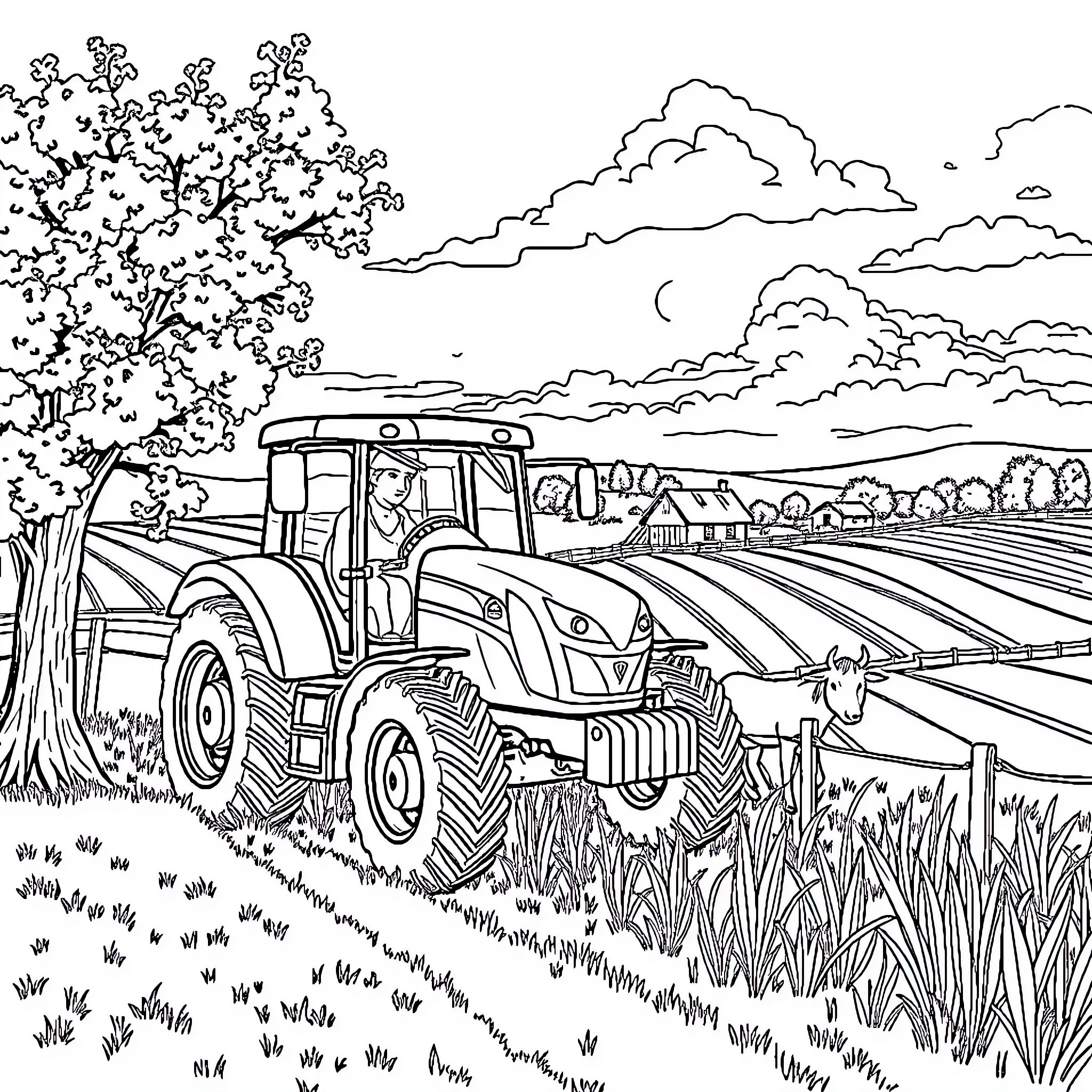 Tractor plowing through fields in the countryside Coloring Page (free black-and-white line drawing printable PDF for all, from beginners to advanced learners, including children, teens, adults, and seniors)