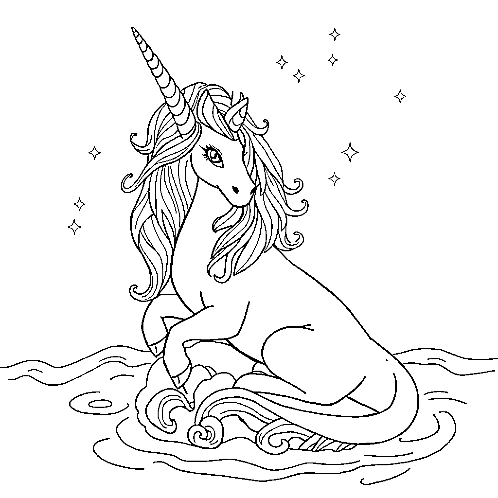 Unicorn resting peacefully in a magical landscape Coloring Page (free black-and-white line drawing printable PDF for all, from beginners to advanced learners, including children, teens, adults, and seniors)