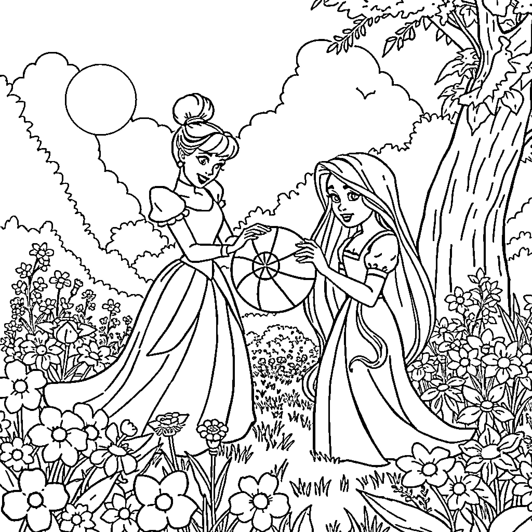 Cinderella Meets Fairy Godmother in Enchanted Forest Coloring Page (free black-and-white line drawing printable PDF for all, from beginners to advanced learners, including children, teens, adults, and seniors)