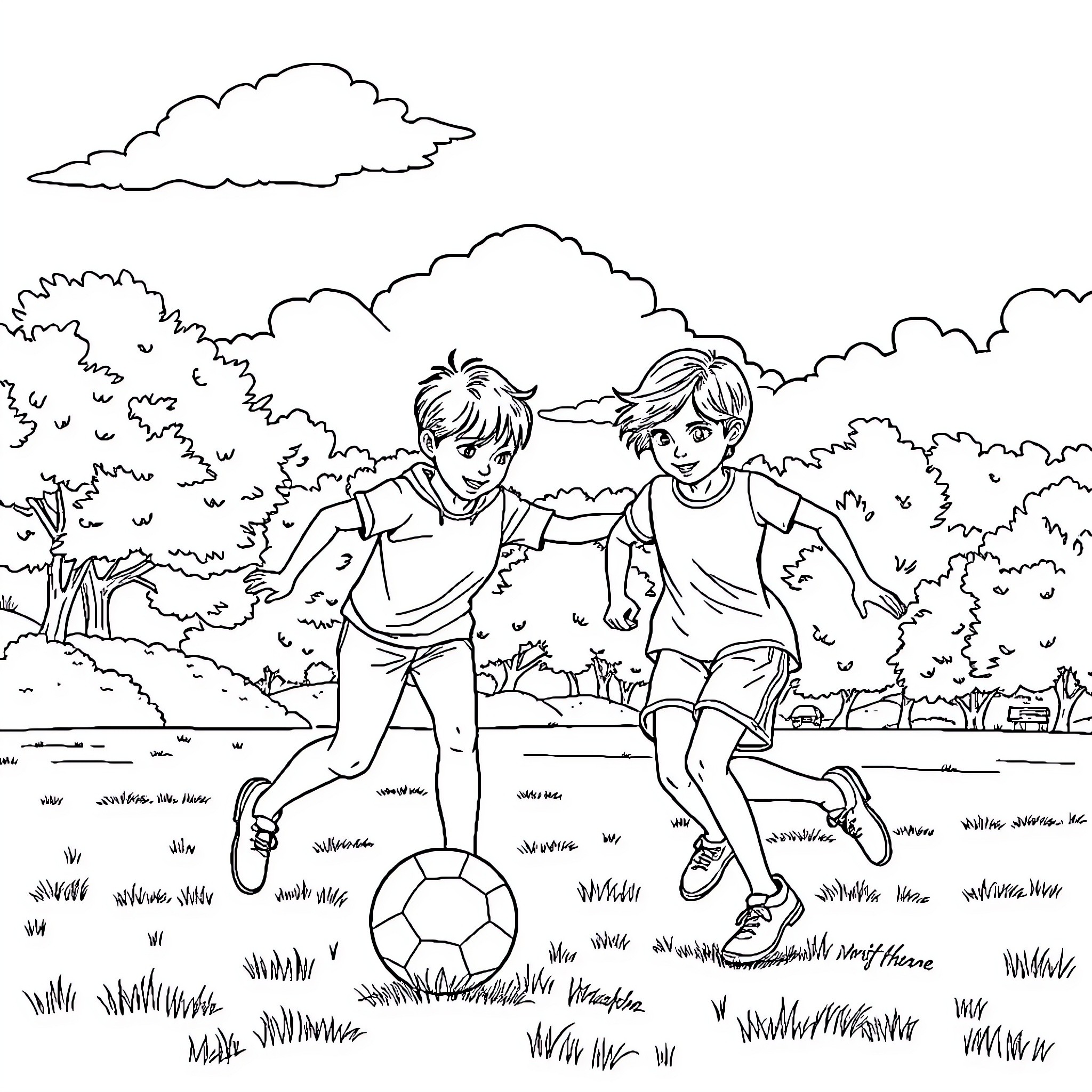 Football friends playing outdoors in the park Coloring Page (free black-and-white line drawing printable PDF for all, from beginners to advanced learners, including children, teens, adults, and seniors)