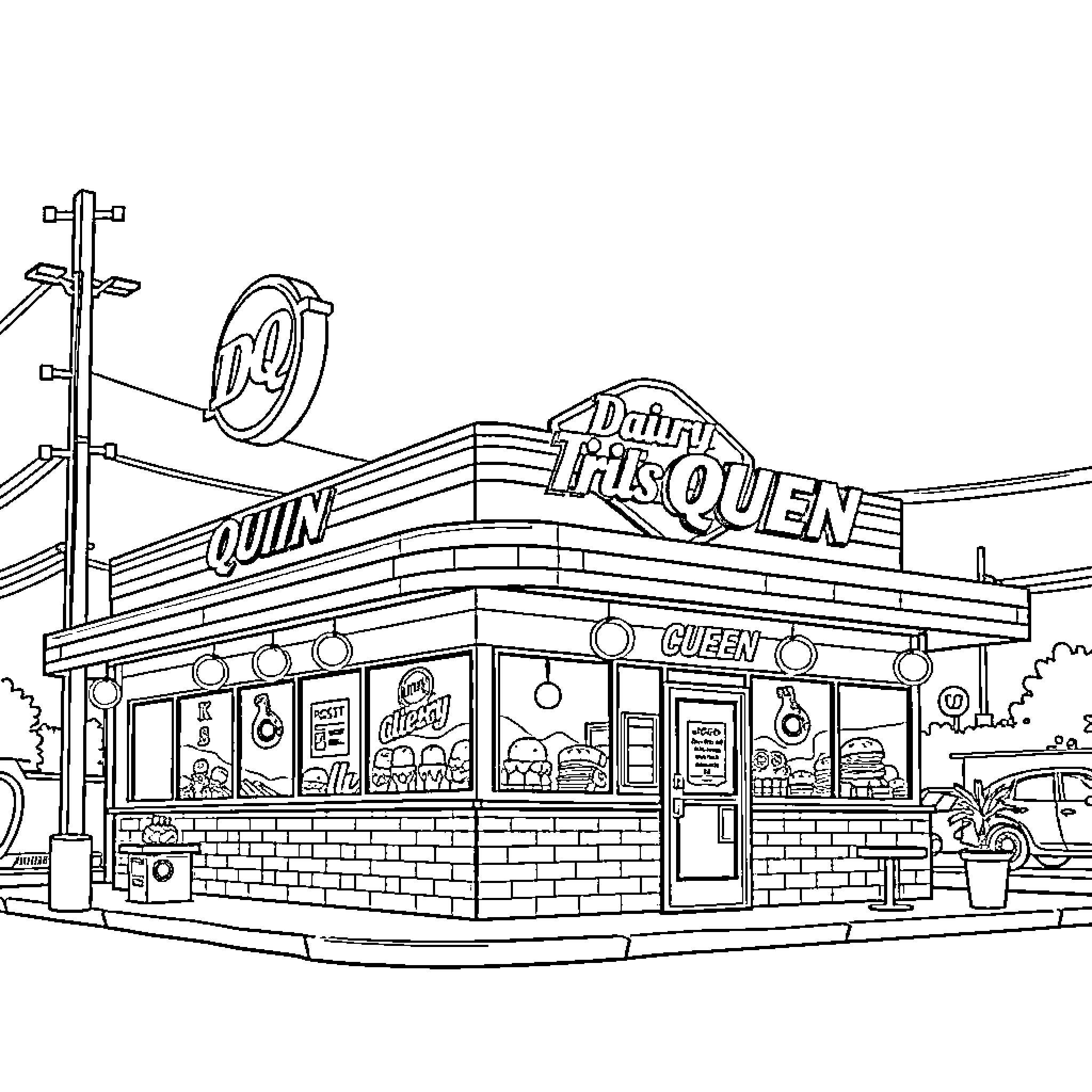 Dairy Queen restaurant exterior with signage Coloring Page (free black-and-white line drawing printable PDF for all, from beginners to advanced learners, including children, teens, adults, and seniors)