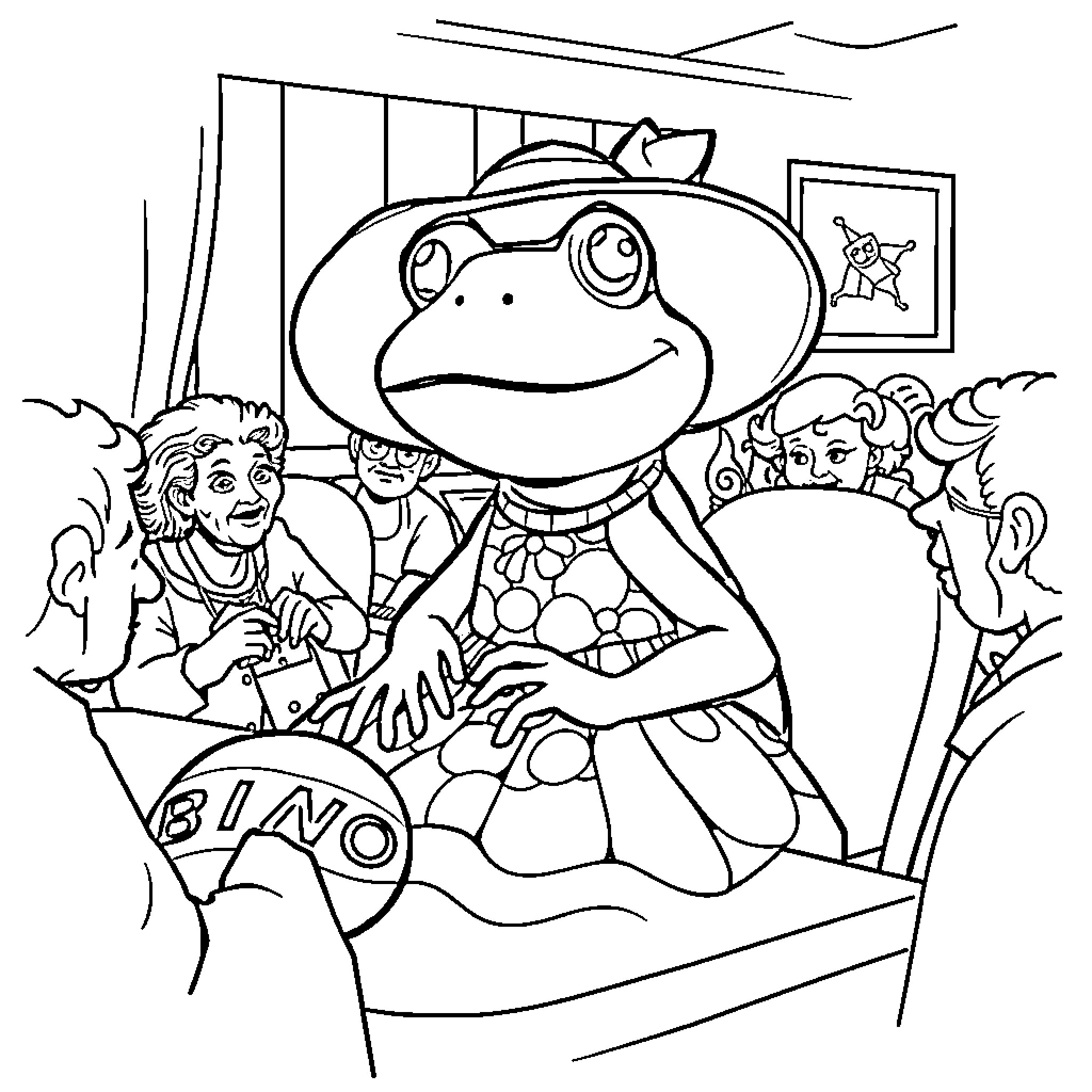 Frog performer entertaining crowd on stage Coloring Page (free black-and-white line drawing printable PDF for all, from beginners to advanced learners, including children, teens, adults, and seniors)
