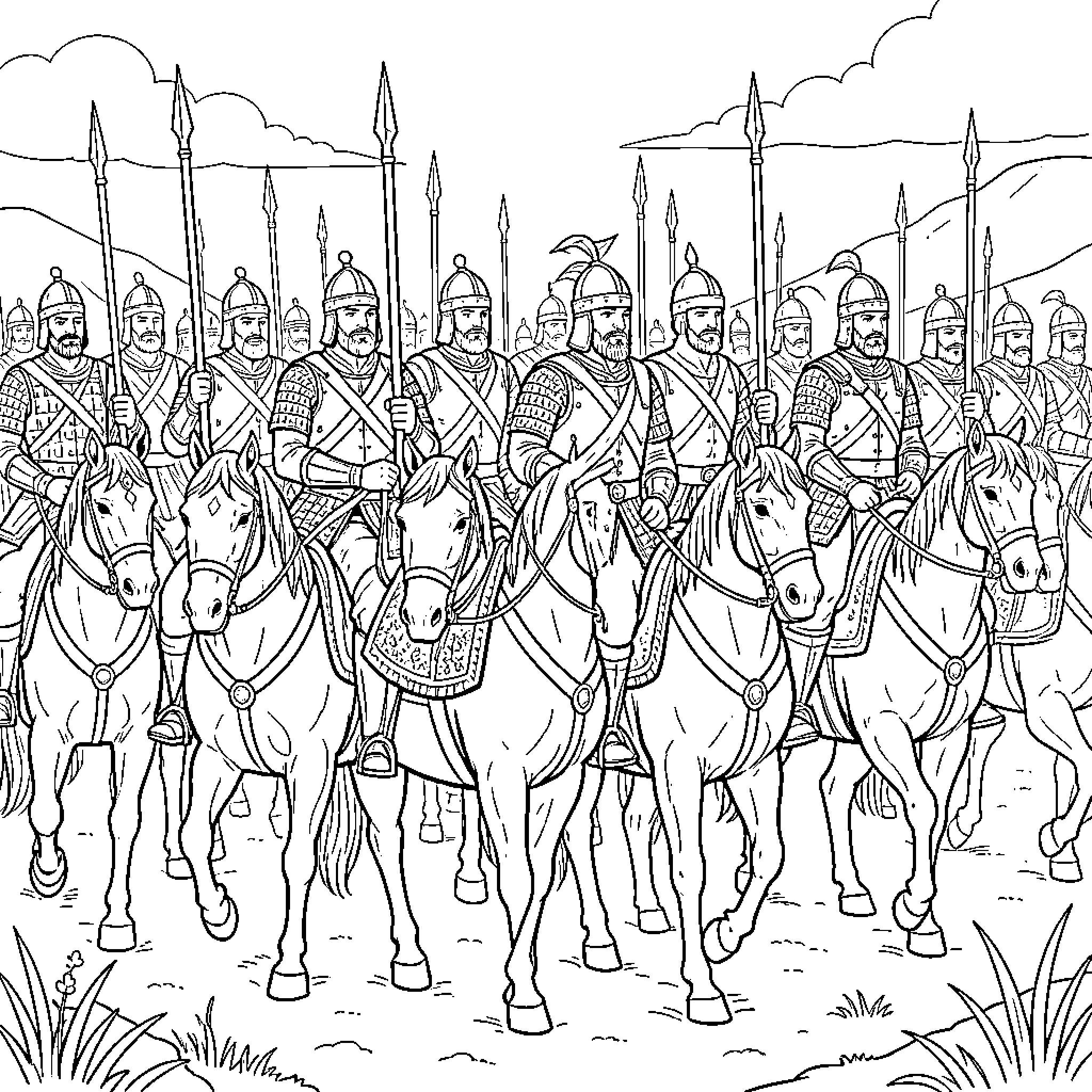 Templarios in Heroic Battle Formation Coloring Page (free black-and-white line drawing printable PDF for all, from beginners to advanced learners, including children, teens, adults, and seniors)
