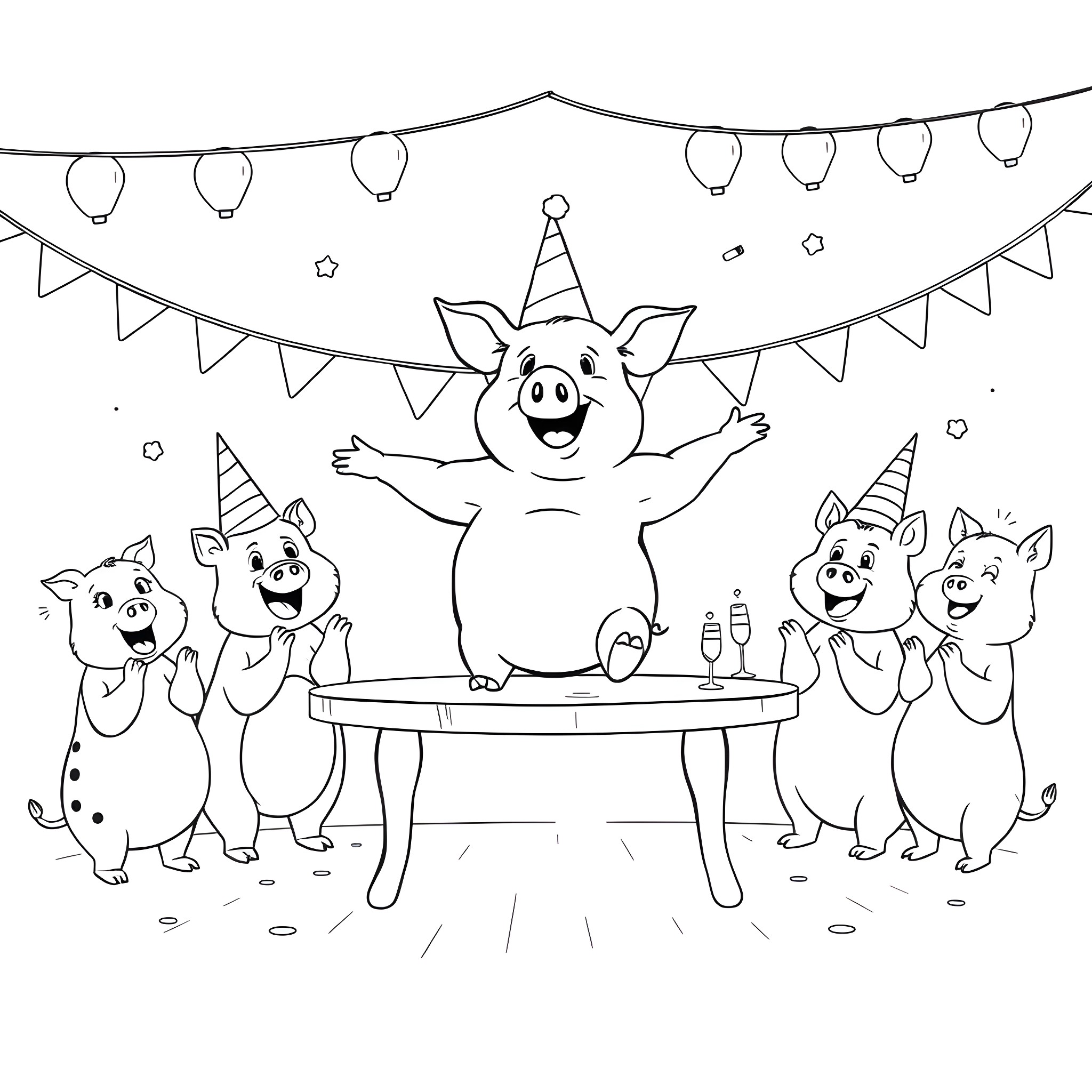 Pig party with decorations and celebrations Coloring Page (free black-and-white line drawing printable PDF for all, from beginners to advanced learners, including children, teens, adults, and seniors)