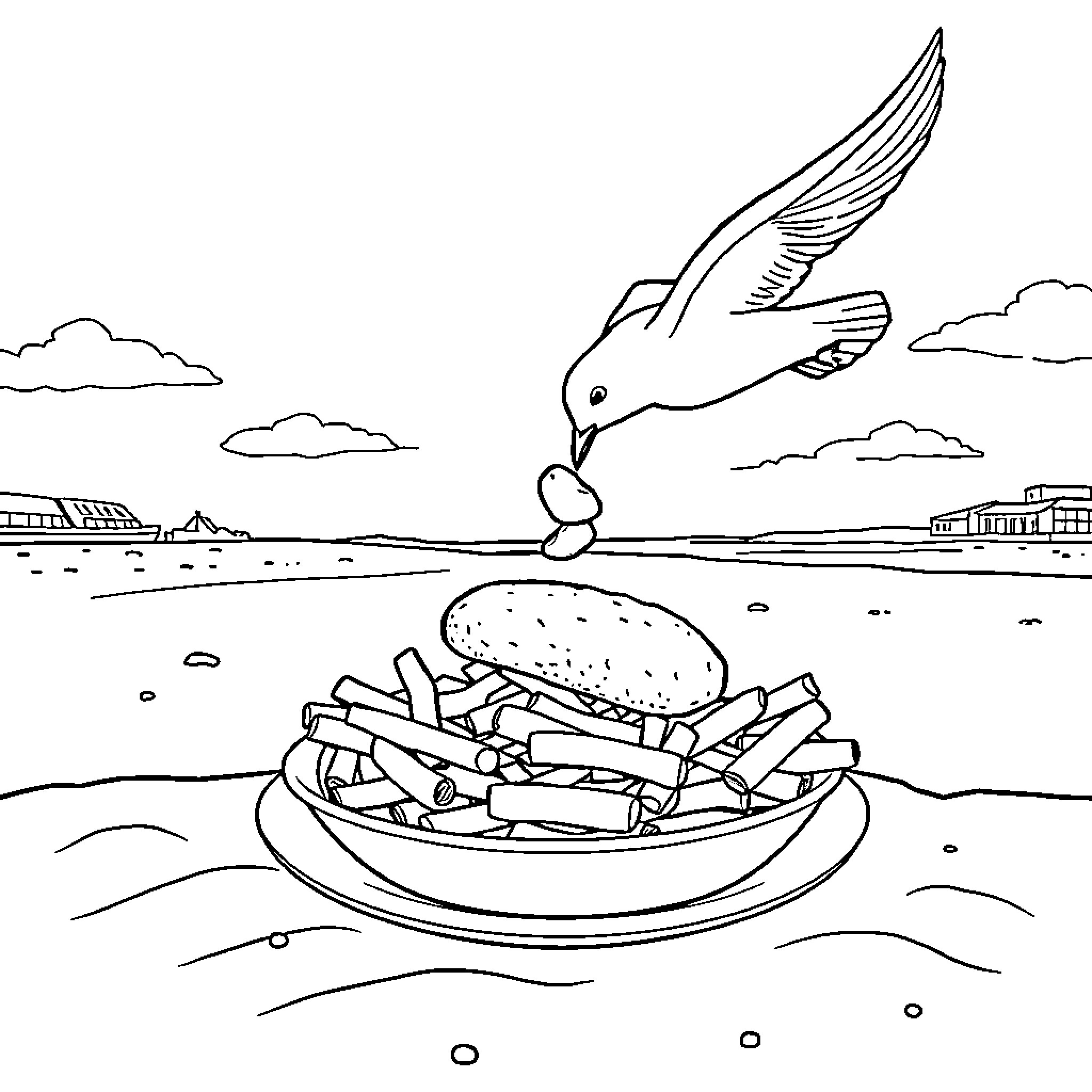 Fish diving into a plate of fast food Coloring Page (free black-and-white line drawing printable PDF for all, from beginners to advanced learners, including children, teens, adults, and seniors)