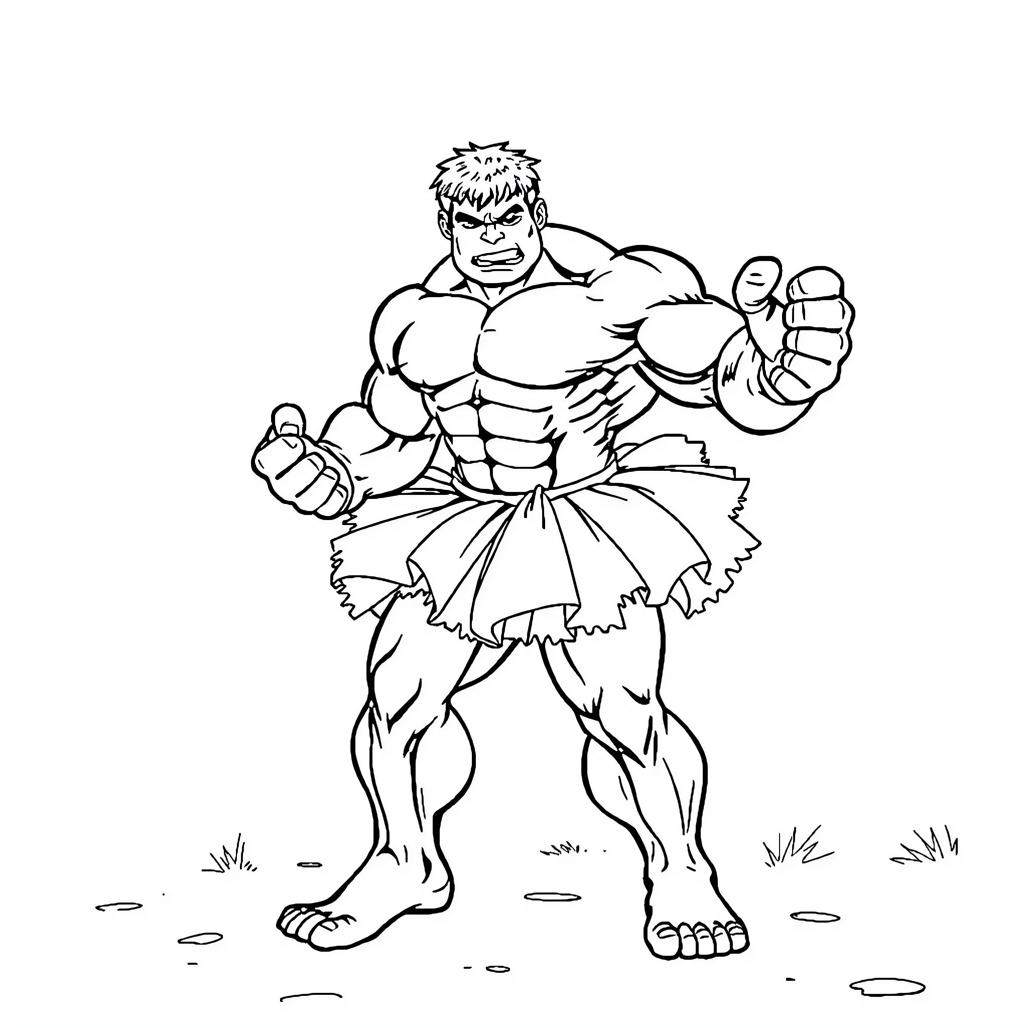 Hulk Flexing Powerful Muscles in Fighting Pose Coloring Page (free black-and-white line drawing printable PDF for all, from beginners to advanced learners, including children, teens, adults, and seniors)