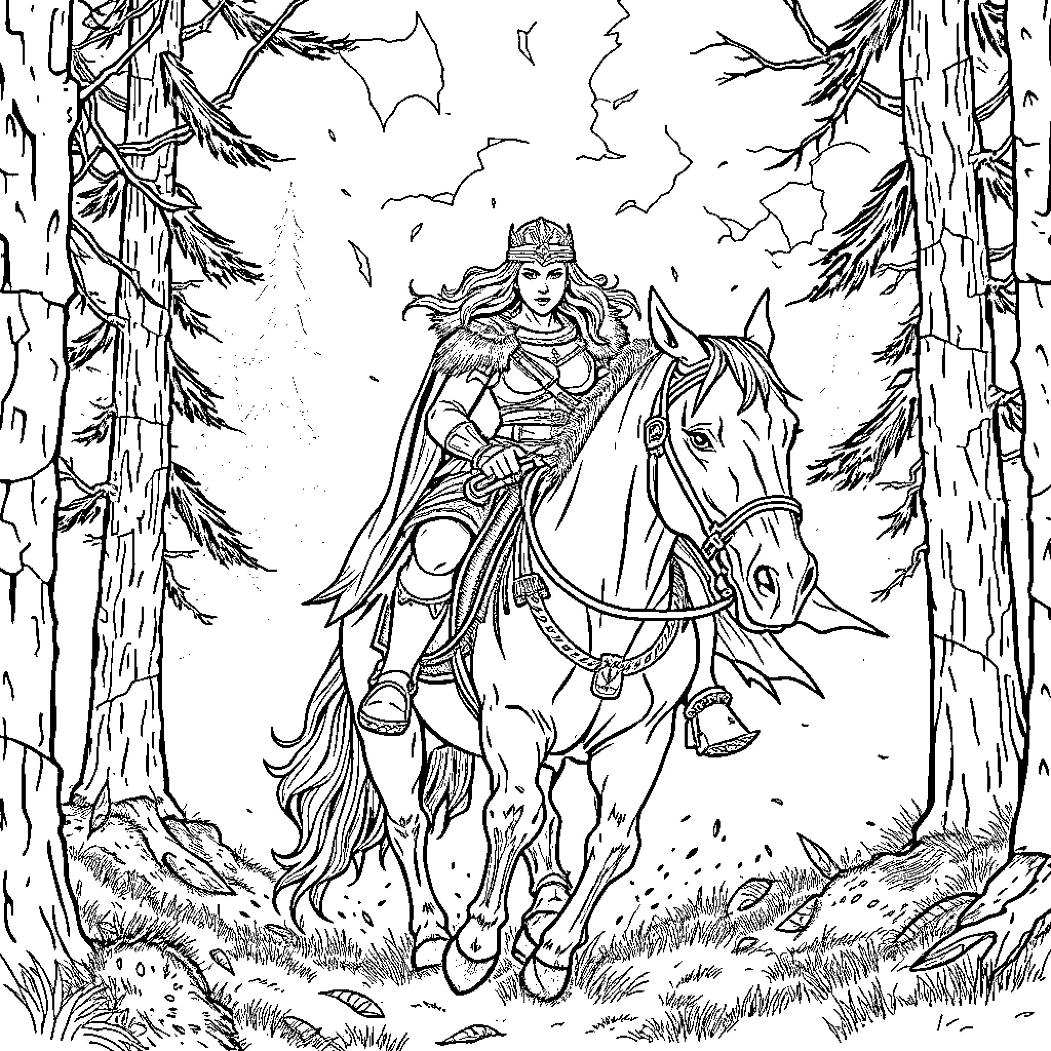 Viking Woman Riding a Horse in the Snowy Forest Coloring Page (free black-and-white line drawing printable PDF for all, from beginners to advanced learners, including children, teens, adults, and seniors)