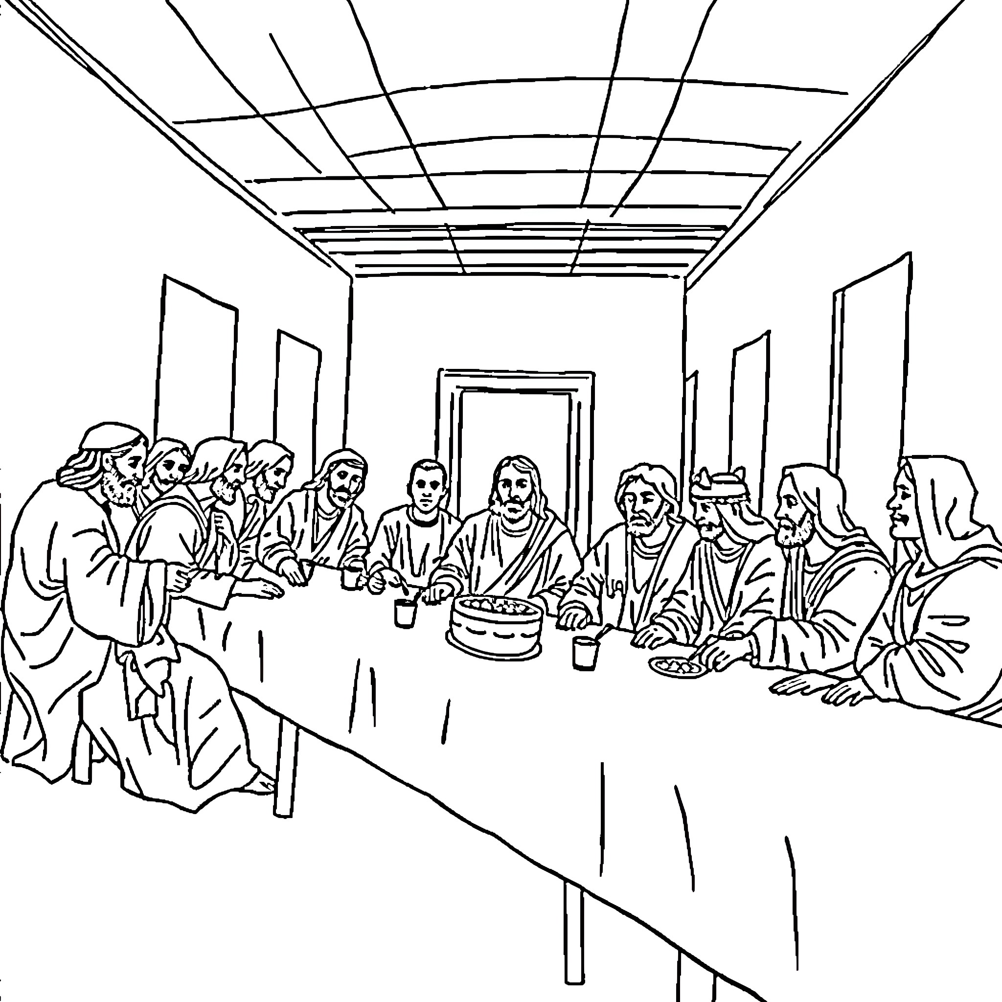 Last Supper - Gathering of Figures at a Dining Table Coloring Page (free black-and-white line drawing printable PDF for all, from beginners to advanced learners, including children, teens, adults, and seniors)