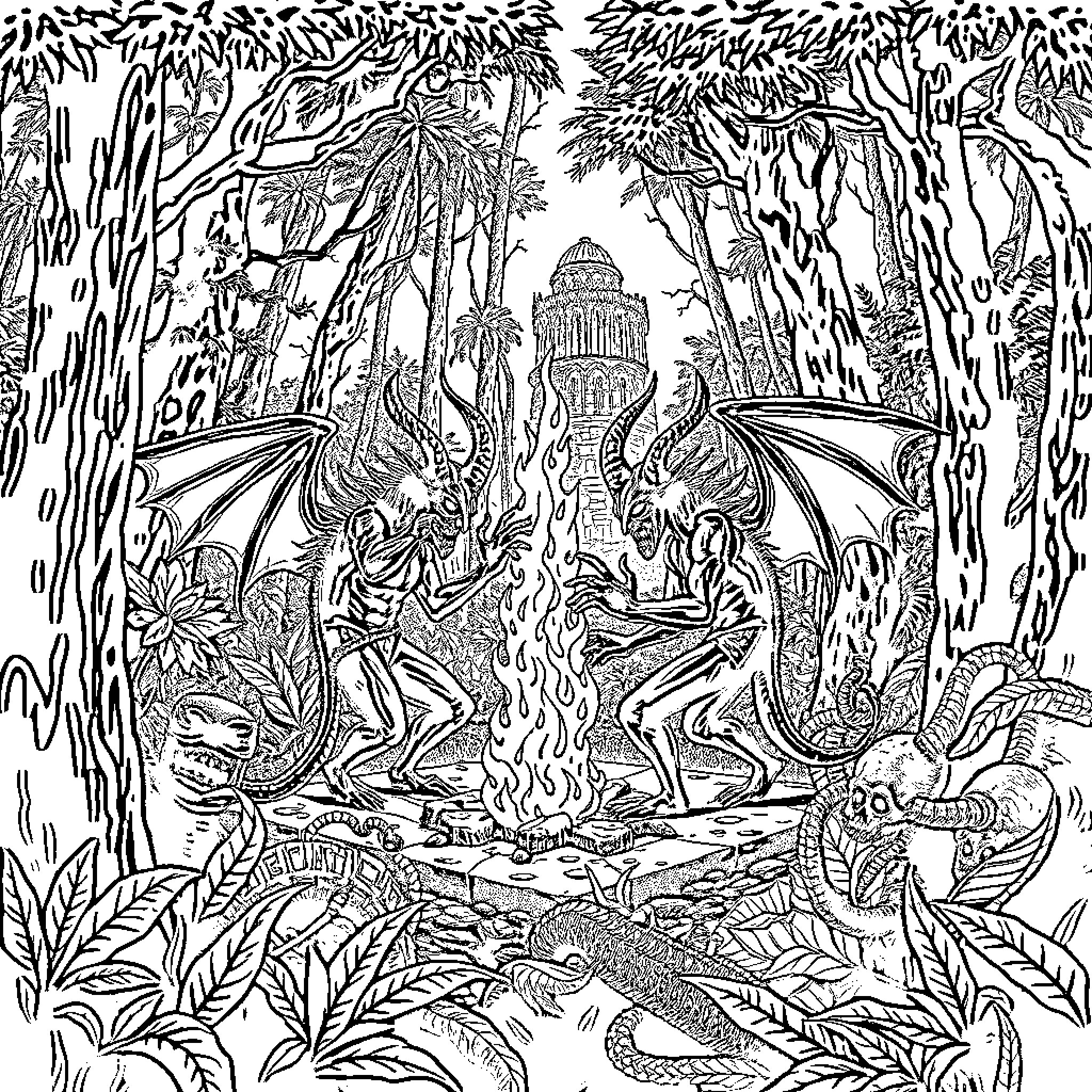 Demon ritual in enchanted jungle scene Coloring Page (free black-and-white line drawing printable PDF for all, from beginners to advanced learners, including children, teens, adults, and seniors)