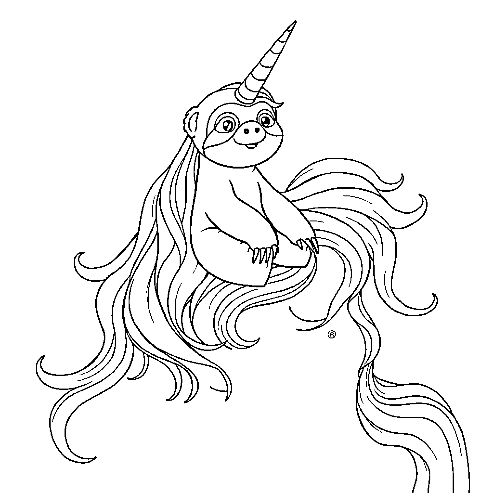 Sloth unicorn with flowing mane and horn Coloring Page (free black-and-white line drawing printable PDF for all, from beginners to advanced learners, including children, teens, adults, and seniors)