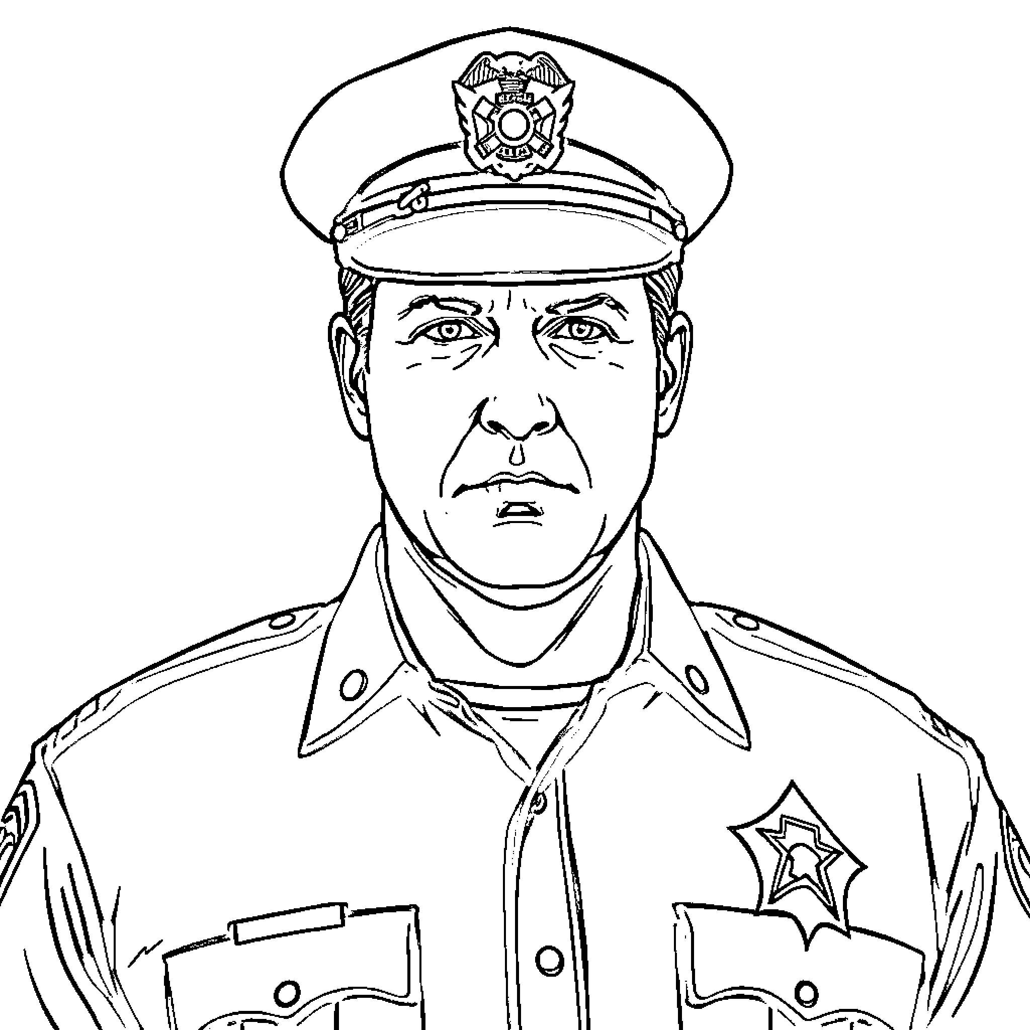 Nathan Fillion as a Stern Police Officer in Uniform Coloring Page (free black-and-white line drawing printable PDF for all, from beginners to advanced learners, including children, teens, adults, and seniors)