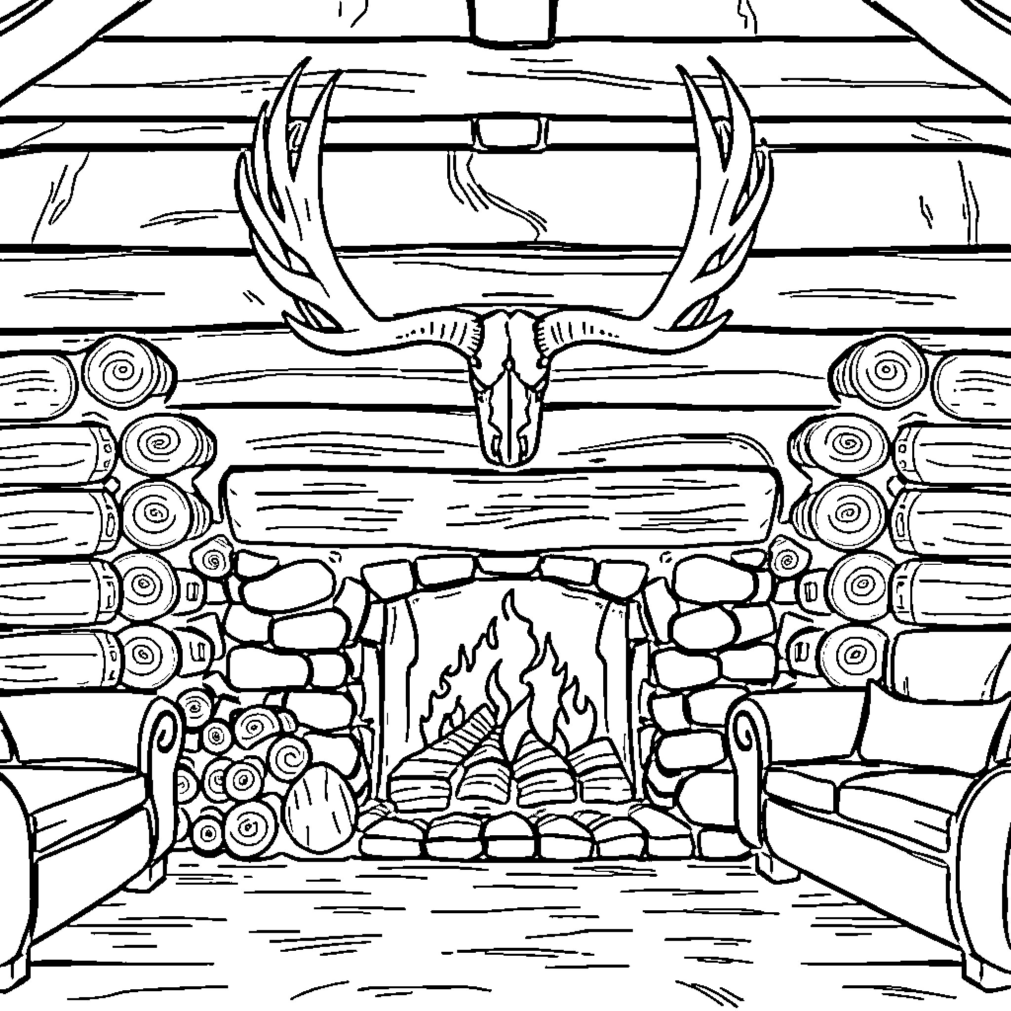 Fireplace scene with antlers and stone fireplace Coloring Page (free black-and-white line drawing printable PDF for all, from beginners to advanced learners, including children, teens, adults, and seniors)