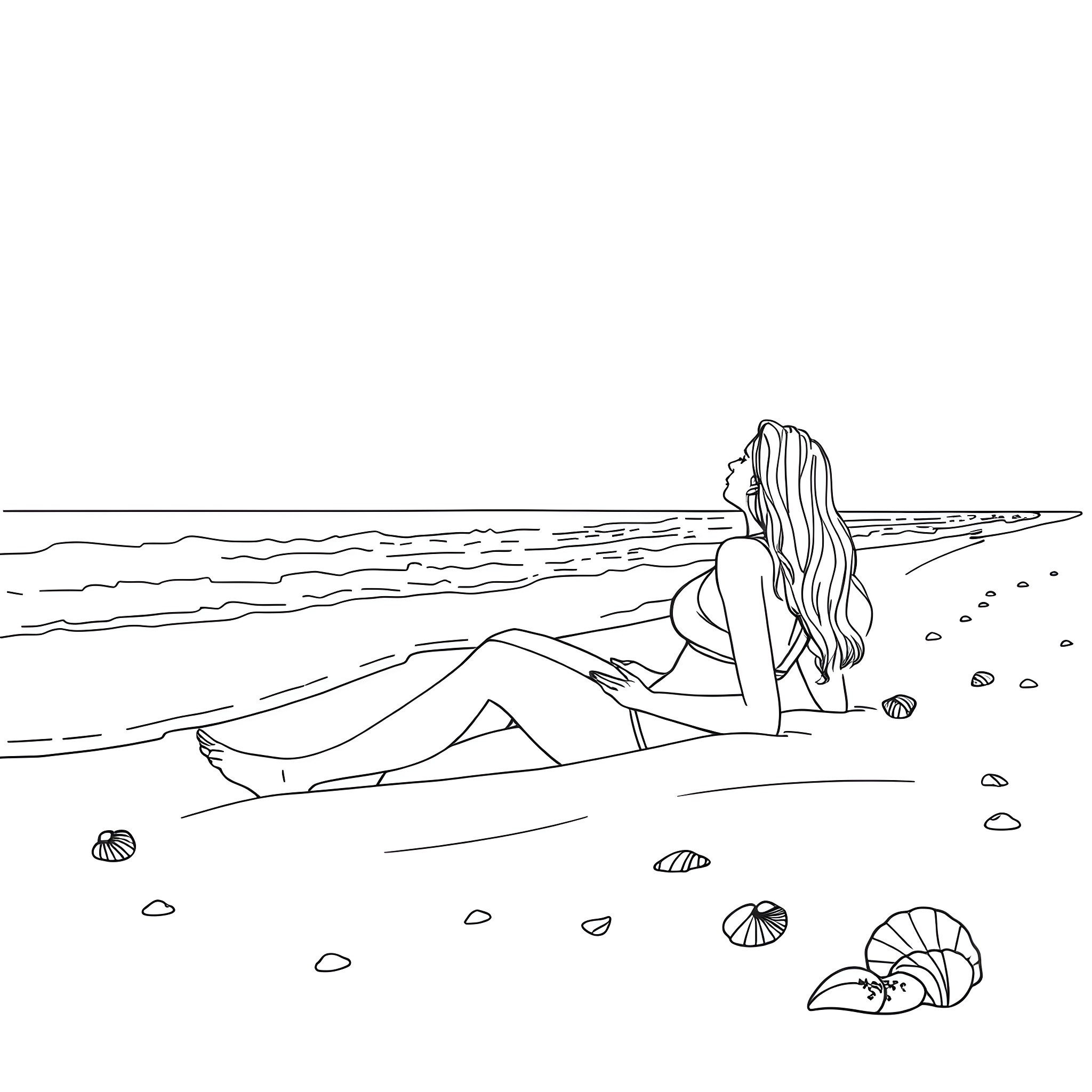 Woman relaxing on the beach near the ocean Coloring Page (free black-and-white line drawing printable PDF for all, from beginners to advanced learners, including children, teens, adults, and seniors)
