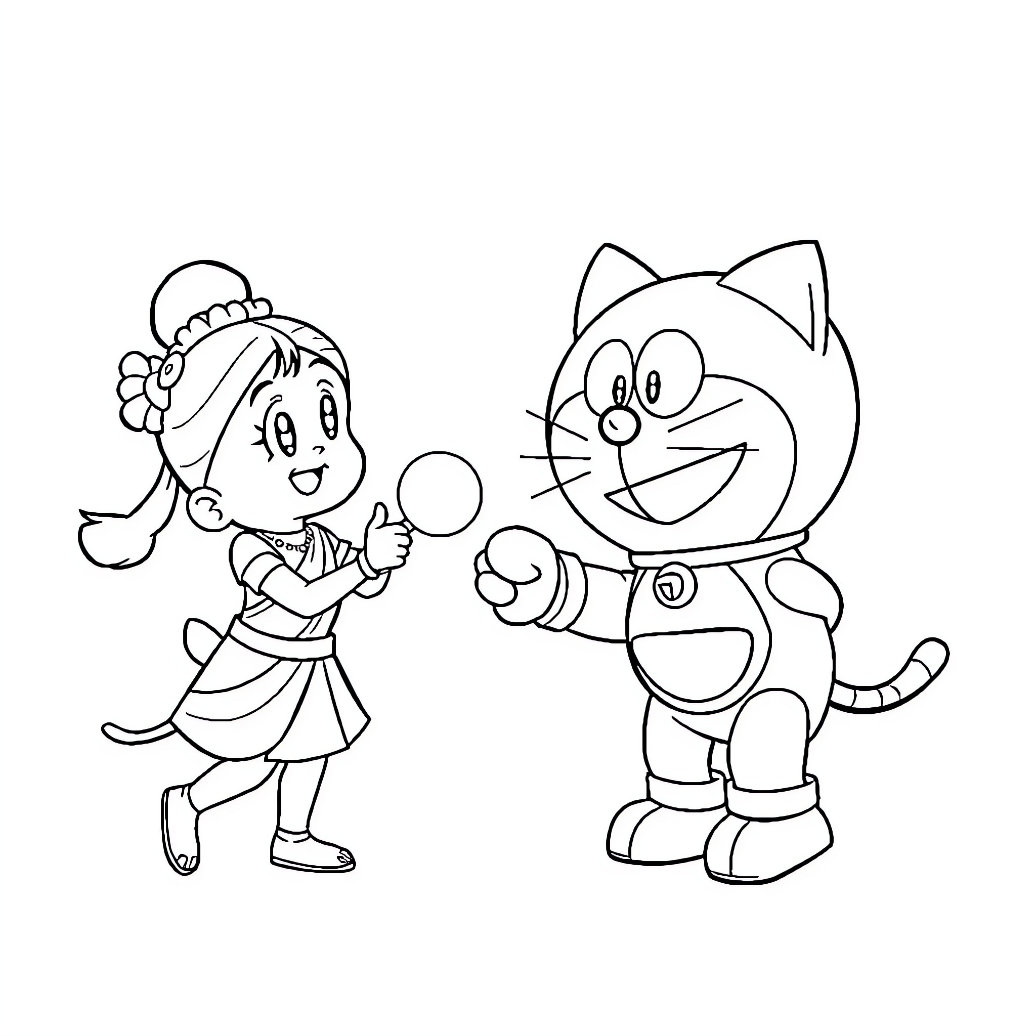 Doraemon and Nobita playing together Coloring Page (free black-and-white line drawing printable PDF for all, from beginners to advanced learners, including children, teens, adults, and seniors)