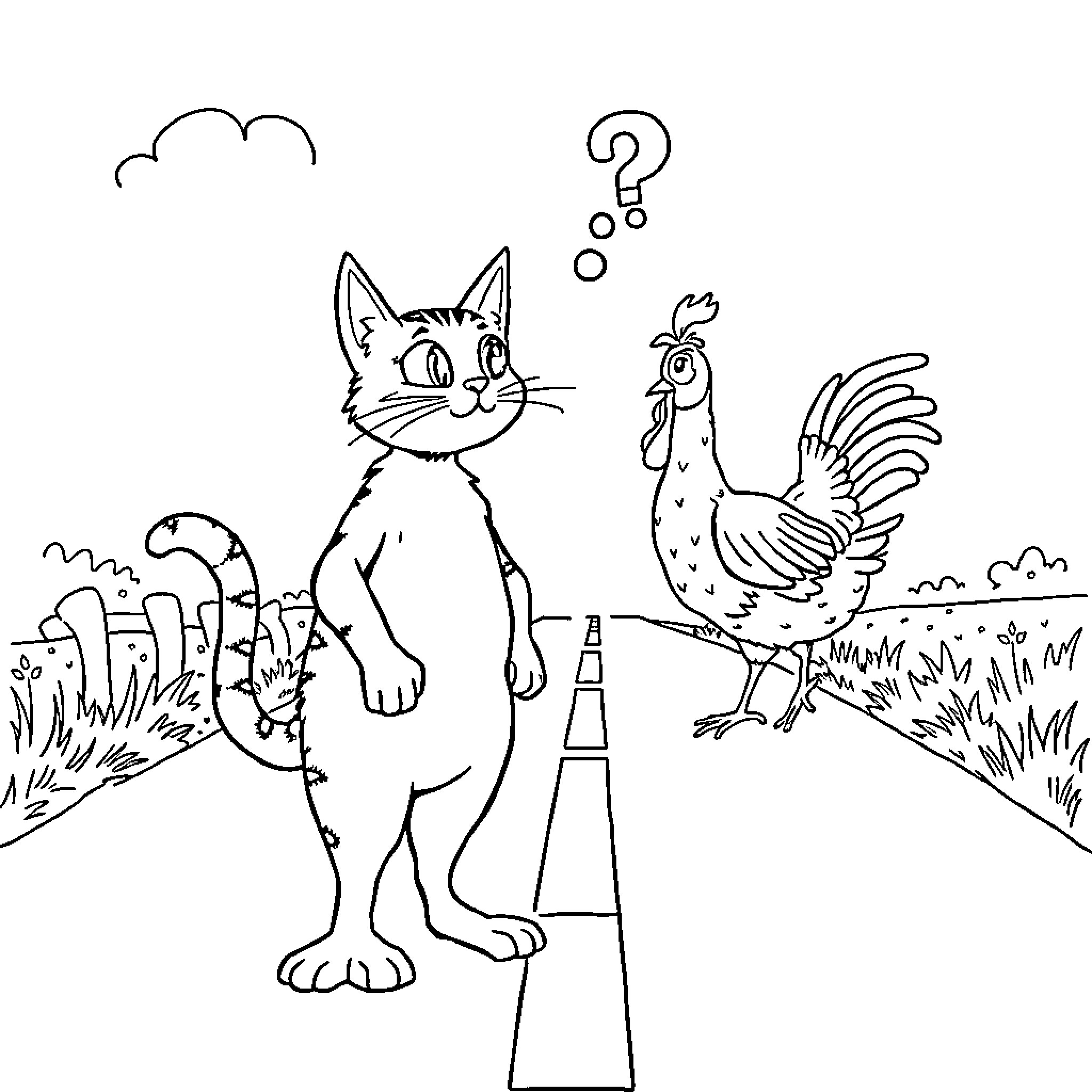 Cat and Rooster in the Countryside Coloring Page (free black-and-white line drawing printable PDF for all, from beginners to advanced learners, including children, teens, adults, and seniors)