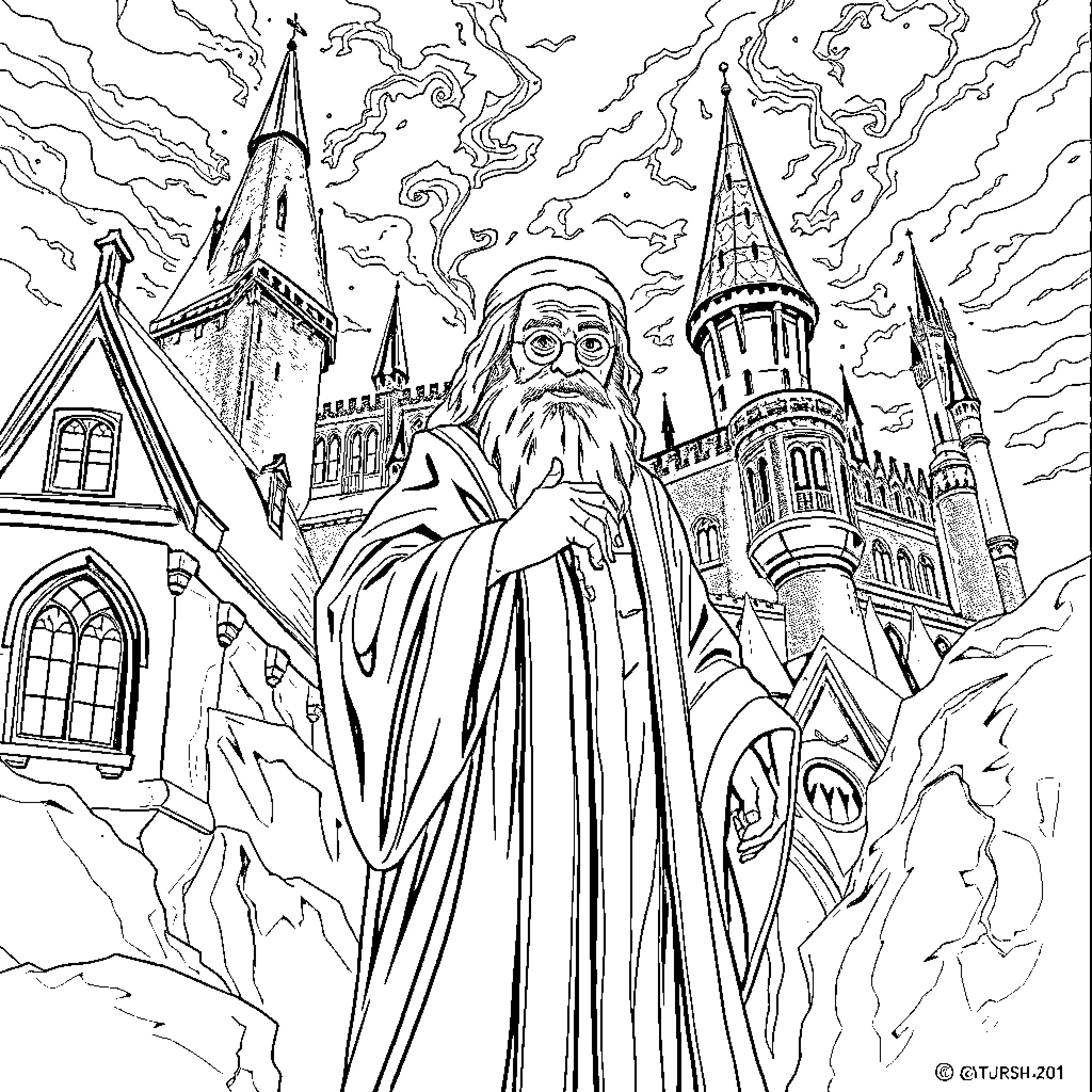 Dumbledore in a magical castle setting Coloring Page (free black-and-white line drawing printable PDF for all, from beginners to advanced learners, including children, teens, adults, and seniors)