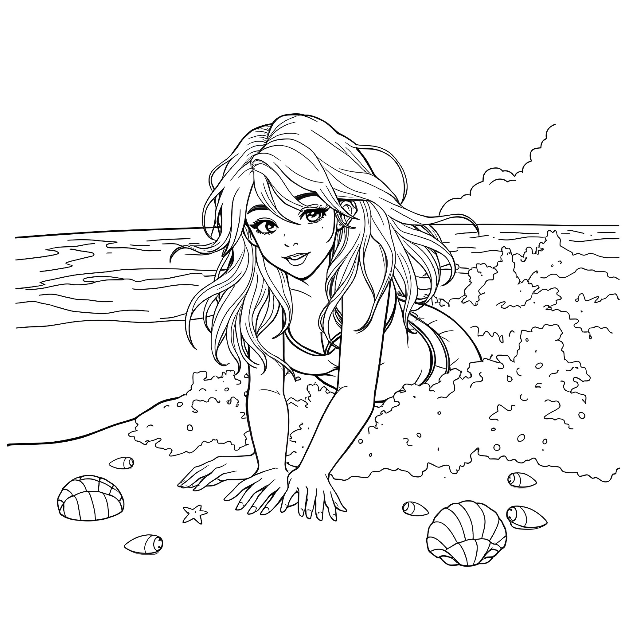 Skye sitting on the shore by the sea Coloring Page (free black-and-white line drawing printable PDF for all, from beginners to advanced learners, including children, teens, adults, and seniors)