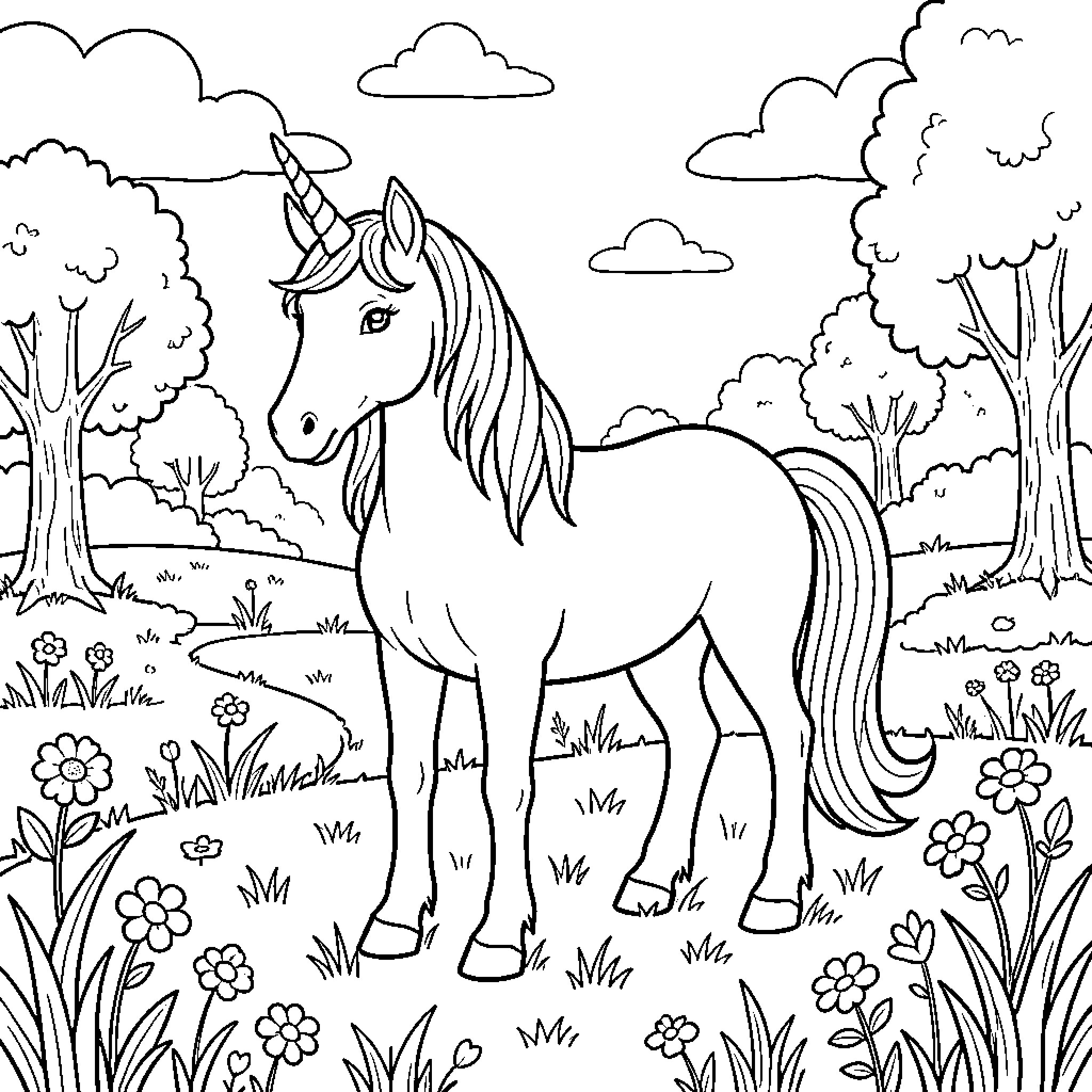 Unicorn standing peacefully in a flowery meadow Coloring Page (free black-and-white line drawing printable PDF for all, from beginners to advanced learners, including children, teens, adults, and seniors)