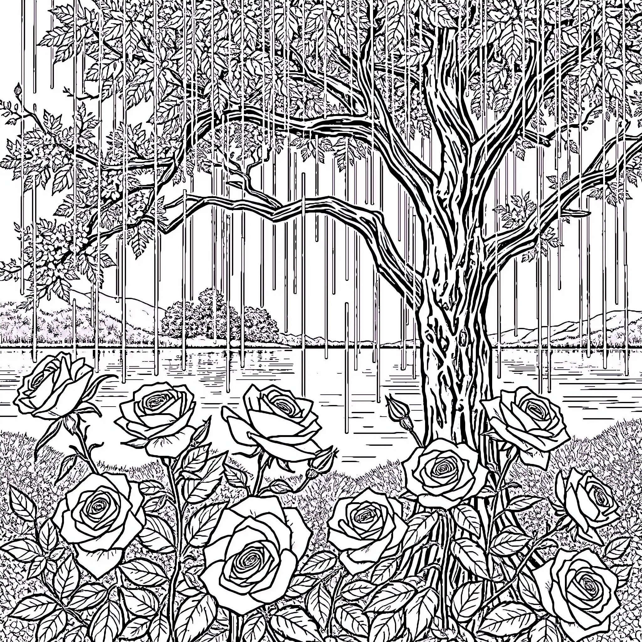 Rose Garden Landscape with Tree Coloring Page (free black-and-white line drawing printable PDF for all, from beginners to advanced learners, including children, teens, adults, and seniors)