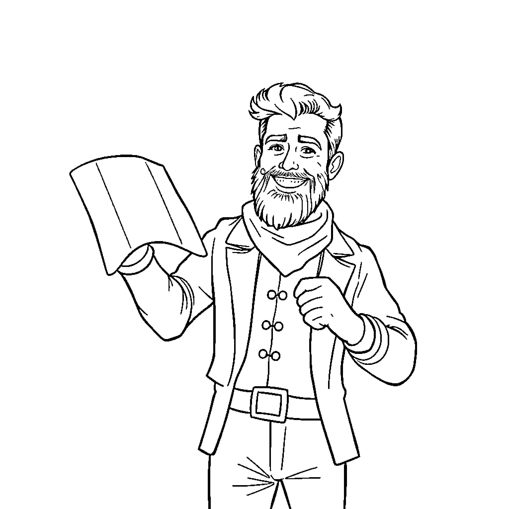 Irishman holding a book and smiling cheerfully Coloring Page (free black-and-white line drawing printable PDF for all, from beginners to advanced learners, including children, teens, adults, and seniors)