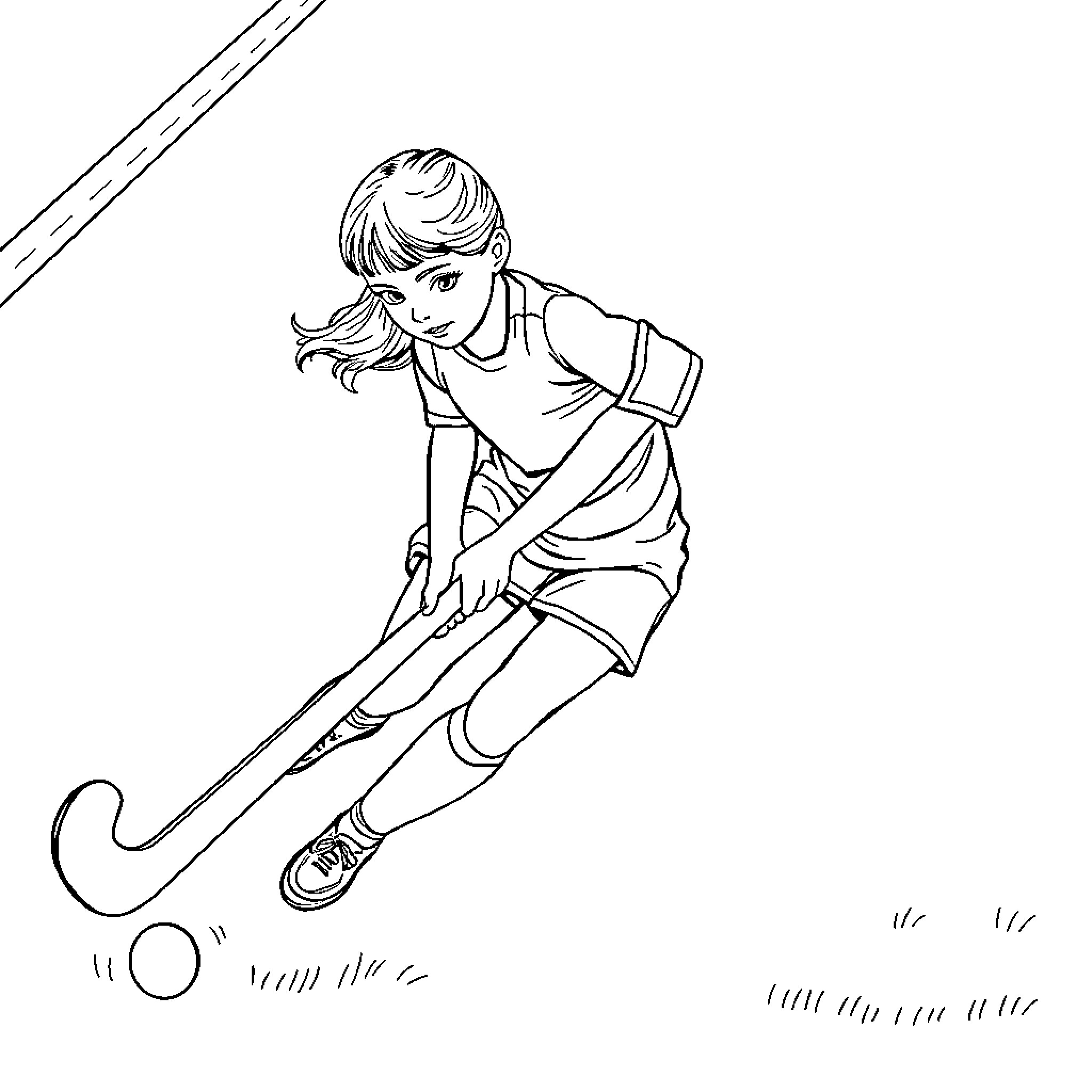 Girl playing with a hockey stick on the field Coloring Page (free black-and-white line drawing printable PDF for all, from beginners to advanced learners, including children, teens, adults, and seniors)