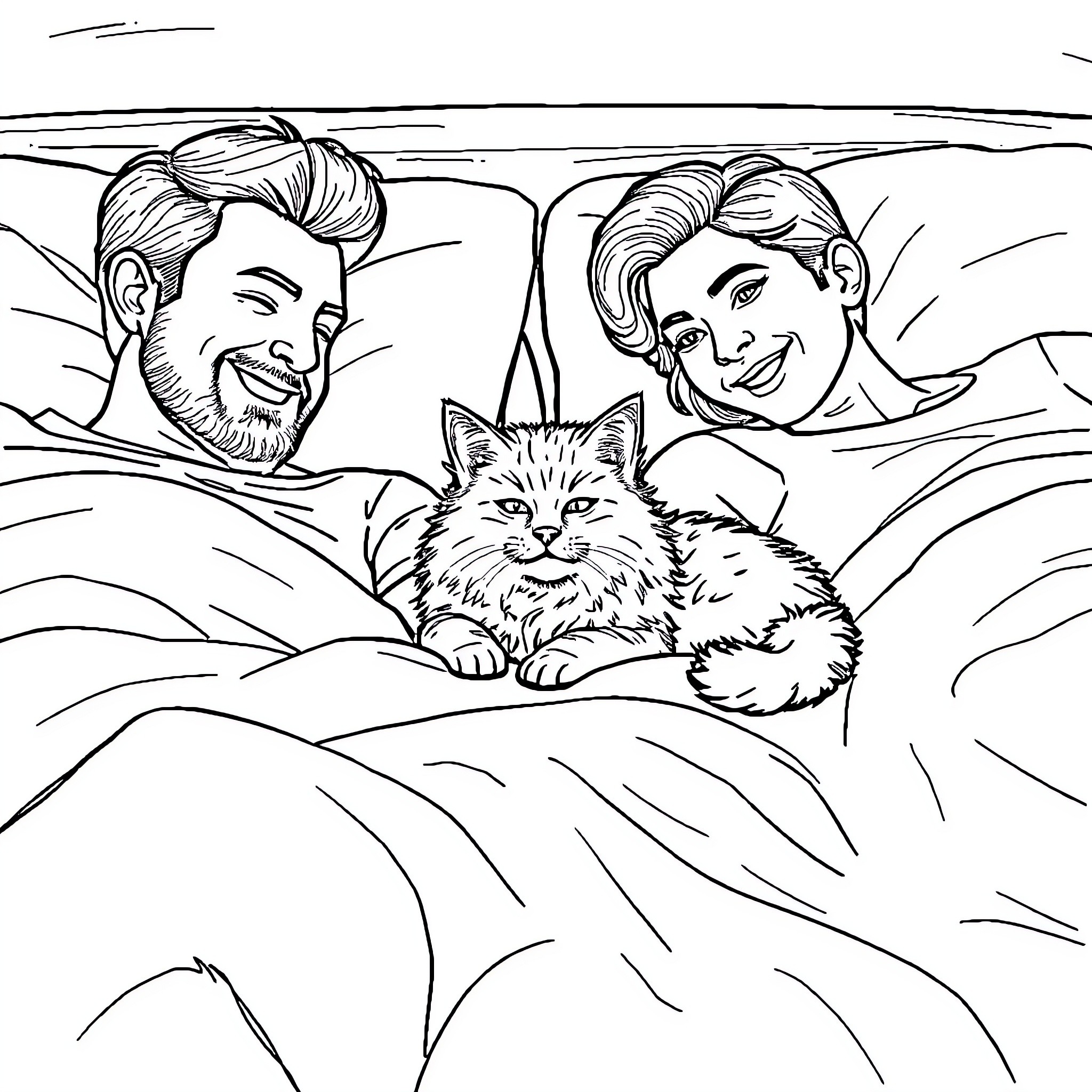 Cat comforts couple in bed Coloring Page (free black-and-white line drawing printable PDF for all, from beginners to advanced learners, including children, teens, adults, and seniors)