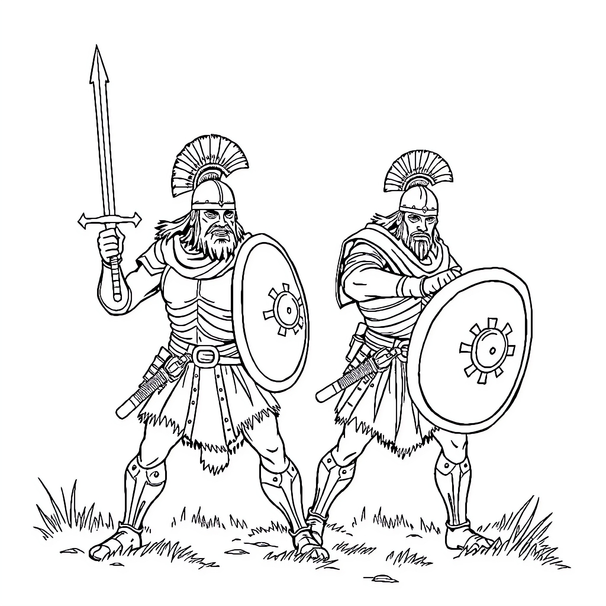 Hun warriors armed with spears and shields Coloring Page (free black-and-white line drawing printable PDF for all, from beginners to advanced learners, including children, teens, adults, and seniors)