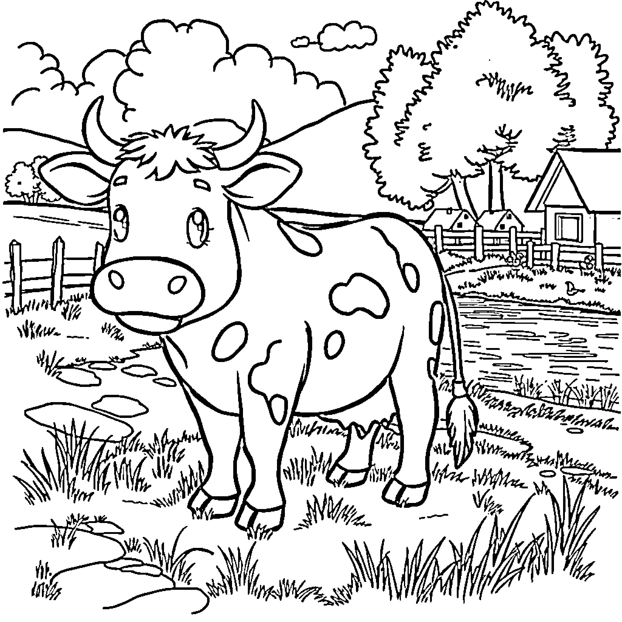 Cow enjoying the countryside scenery Coloring Page (free black-and-white line drawing printable PDF for all, from beginners to advanced learners, including children, teens, adults, and seniors)