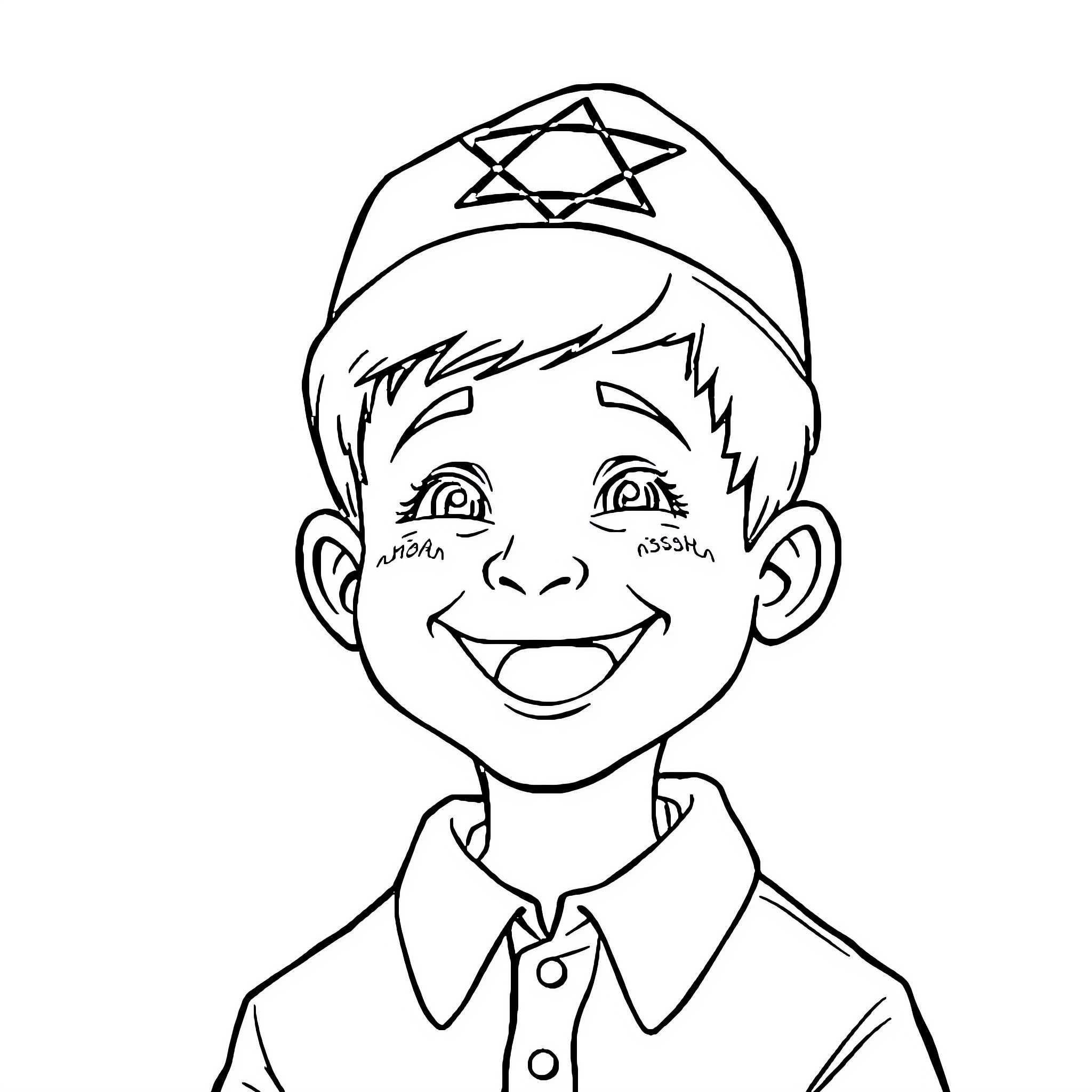 Hassidic Boy Happily Smiling in Traditional Dress Coloring Page (free black-and-white line drawing printable PDF for all, from beginners to advanced learners, including children, teens, adults, and seniors)