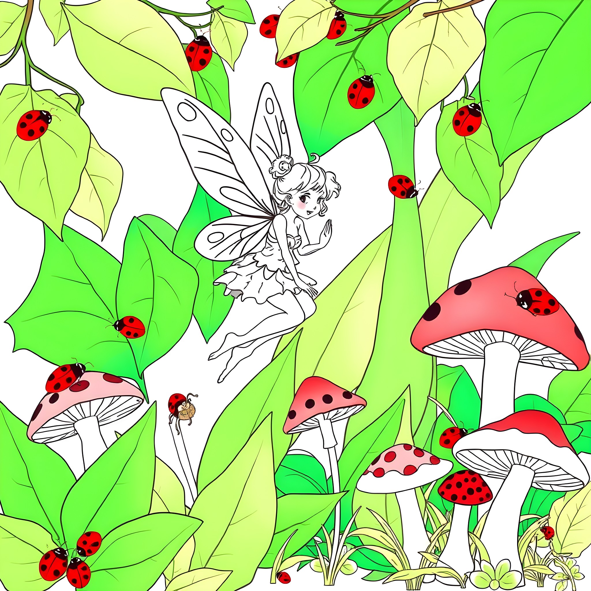 Fairy in a lush forest with mushrooms and ladybugs Coloring Page (free black-and-white line drawing printable PDF for all, from beginners to advanced learners, including children, teens, adults, and seniors)