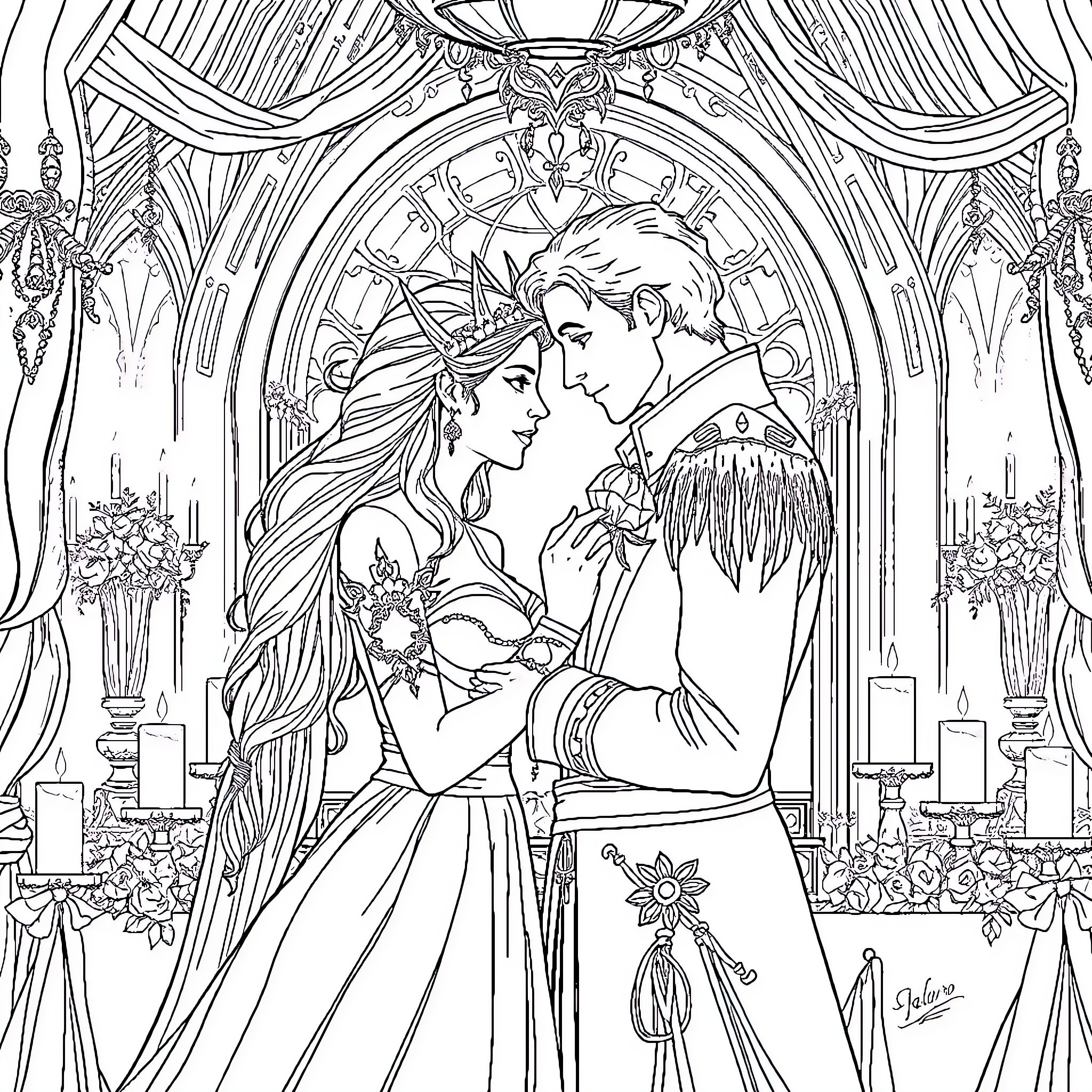 Feyre's Enchanting Embrace: A Couple's Elegant Celebration Coloring Page (free black-and-white line drawing printable PDF for all, from beginners to advanced learners, including children, teens, adults, and seniors)