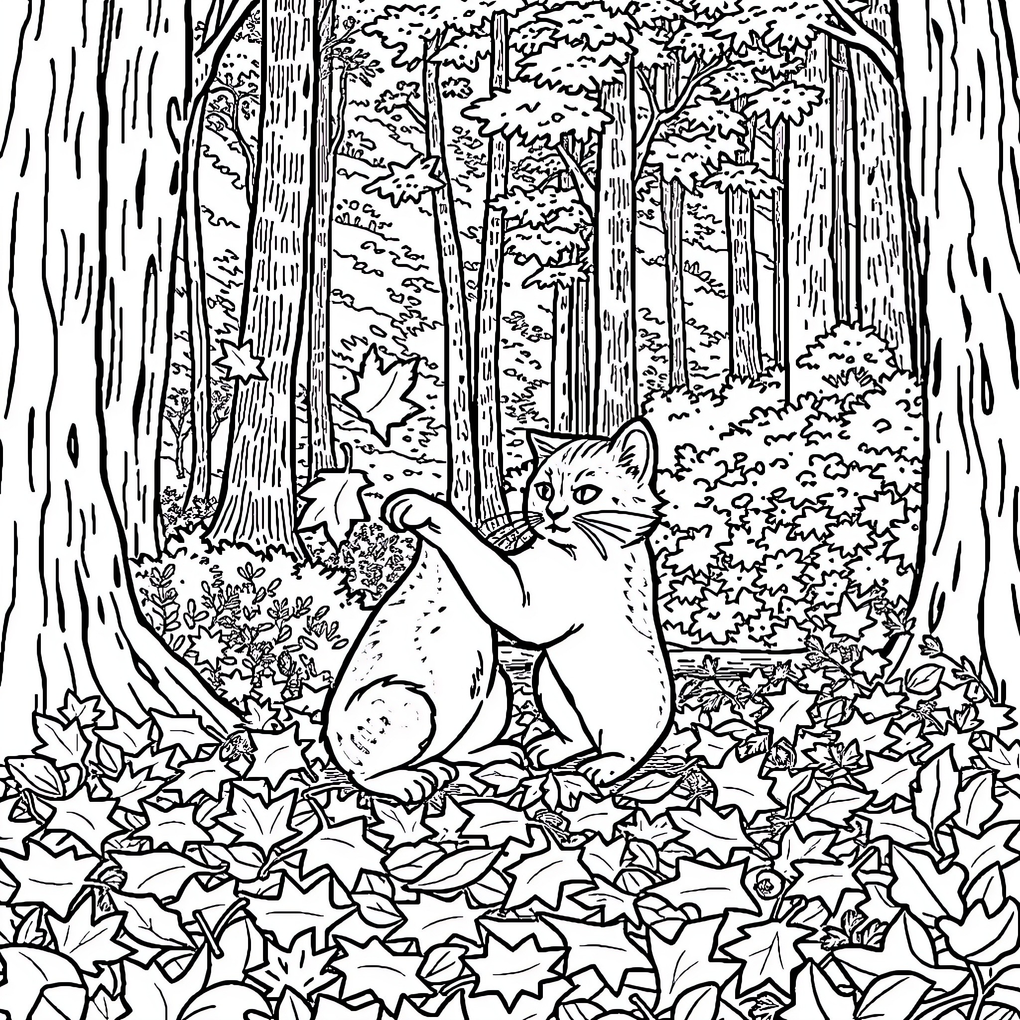 Cat in the Autumn Forest Coloring Page (free black-and-white line drawing printable PDF for all, from beginners to advanced learners, including children, teens, adults, and seniors)