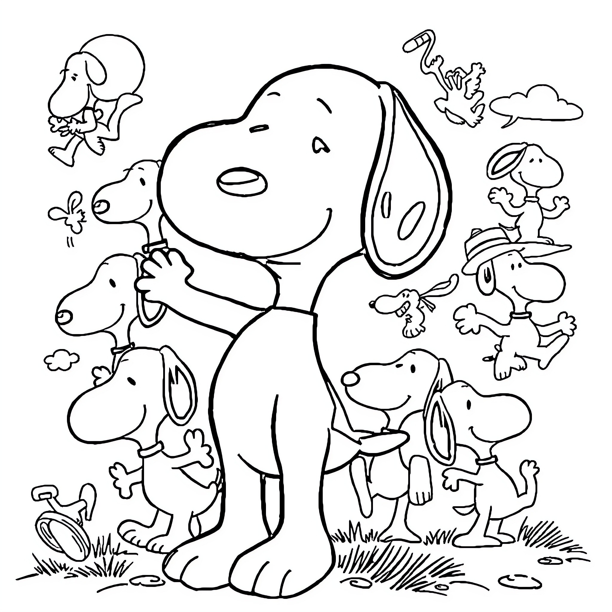 Snoopy and His Pals' Playful Antics Coloring Page (free black-and-white line drawing printable PDF for all, from beginners to advanced learners, including children, teens, adults, and seniors)