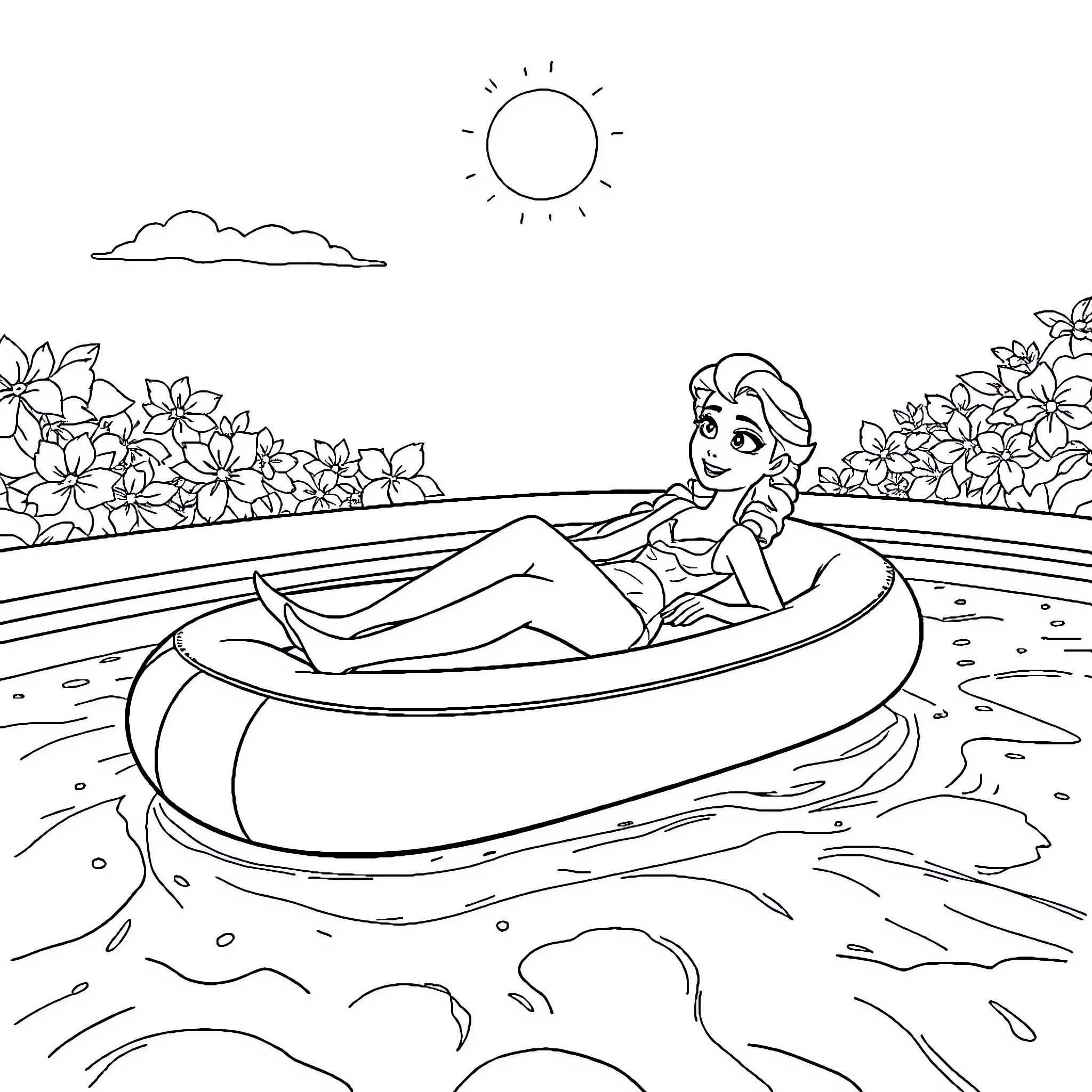 Elsa relaxing in a boat on a sunny day Coloring Page (free black-and-white line drawing printable PDF for all, from beginners to advanced learners, including children, teens, adults, and seniors)
