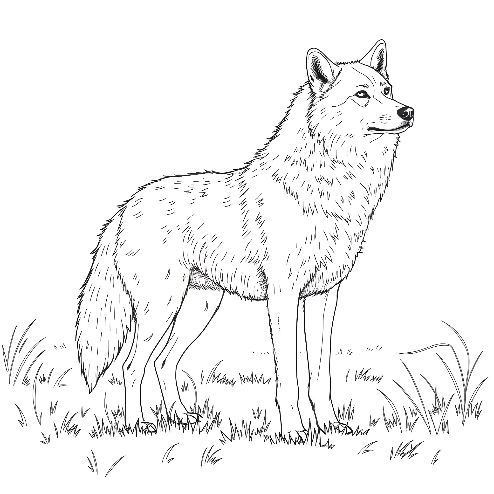 Wolf standing majestically in nature Coloring Page (free black-and-white line drawing printable PDF for all, from beginners to advanced learners, including children, teens, adults, and seniors)