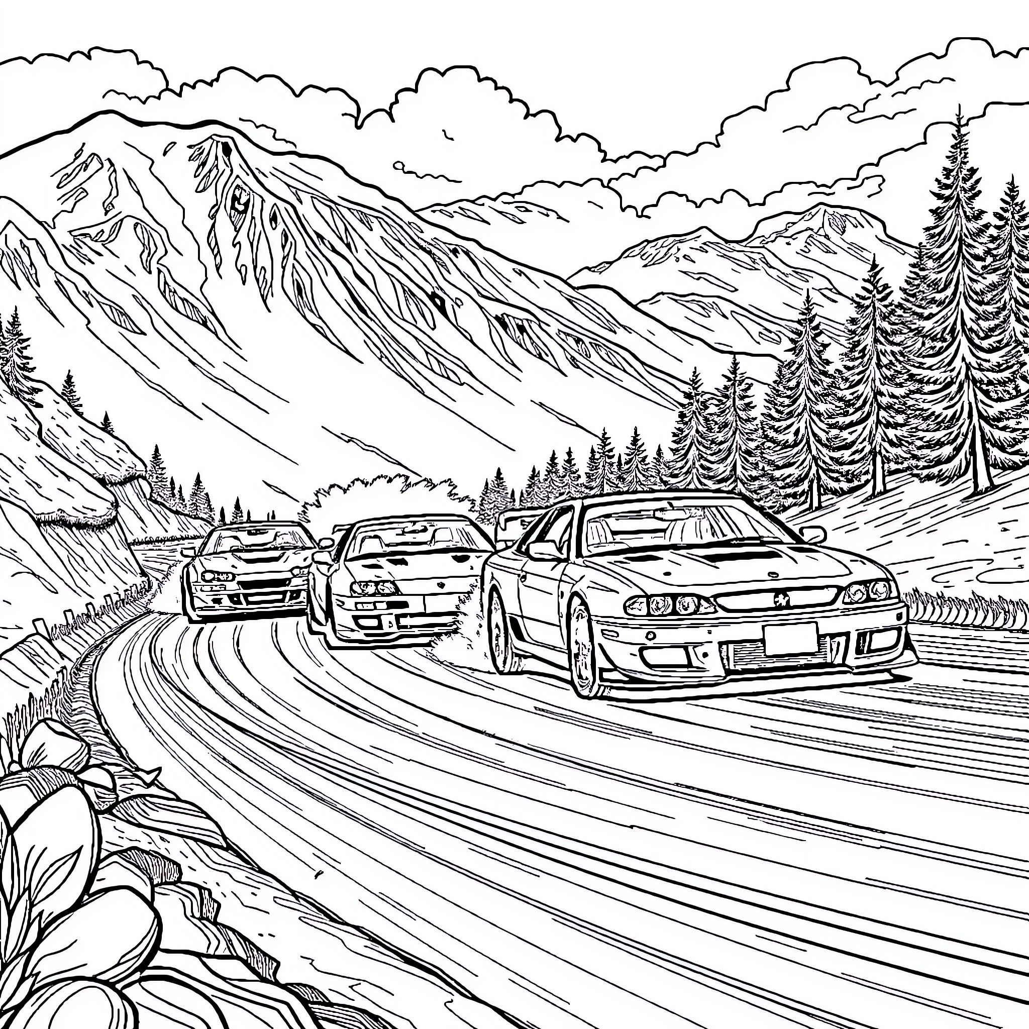 Cars racing on mountain road through scenic landscape Coloring Page (free black-and-white line drawing printable PDF for all, from beginners to advanced learners, including children, teens, adults, and seniors)