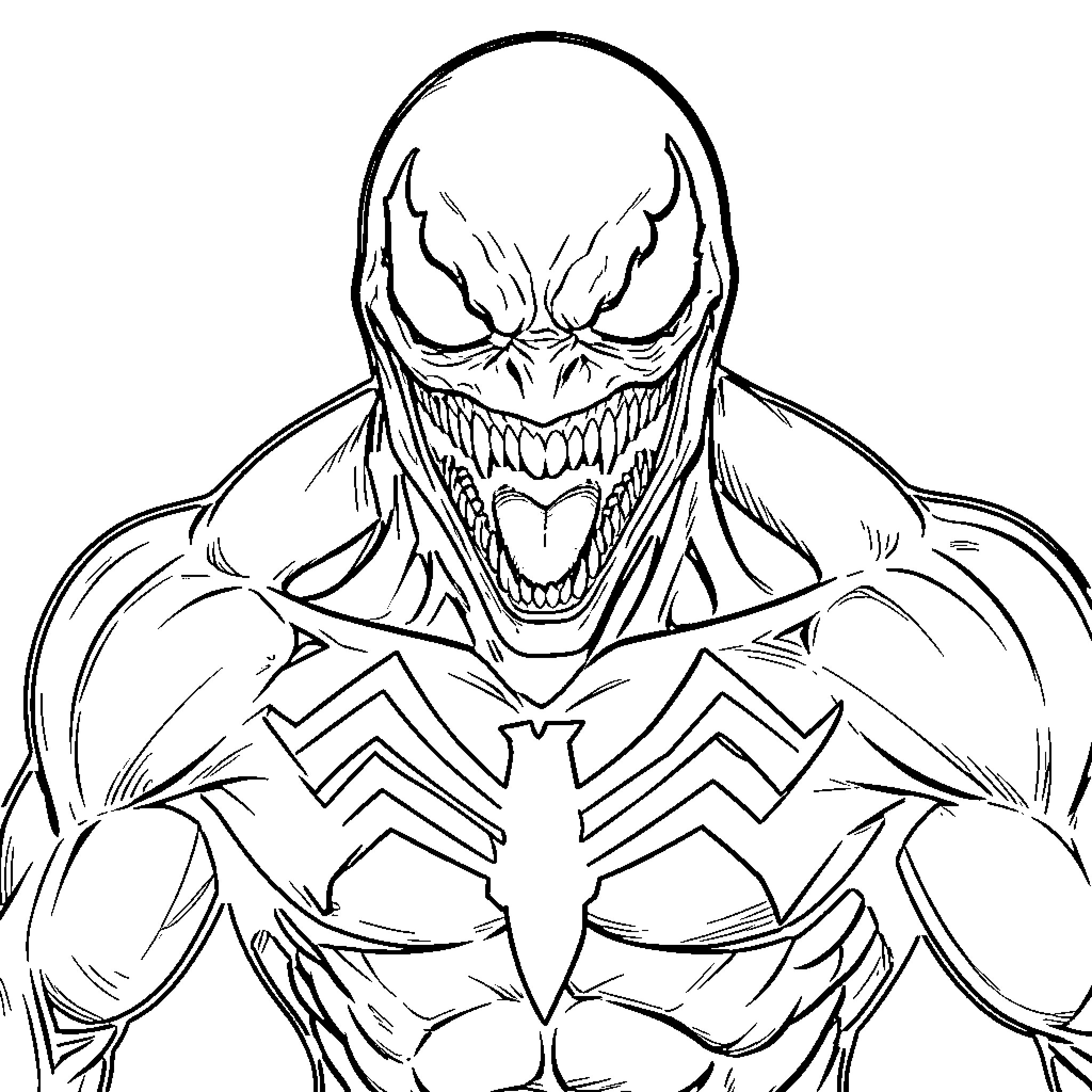 Venom showing sharp teeth with an aggressive expression Coloring Page (free black-and-white line drawing printable PDF for all, from beginners to advanced learners, including children, teens, adults, and seniors)