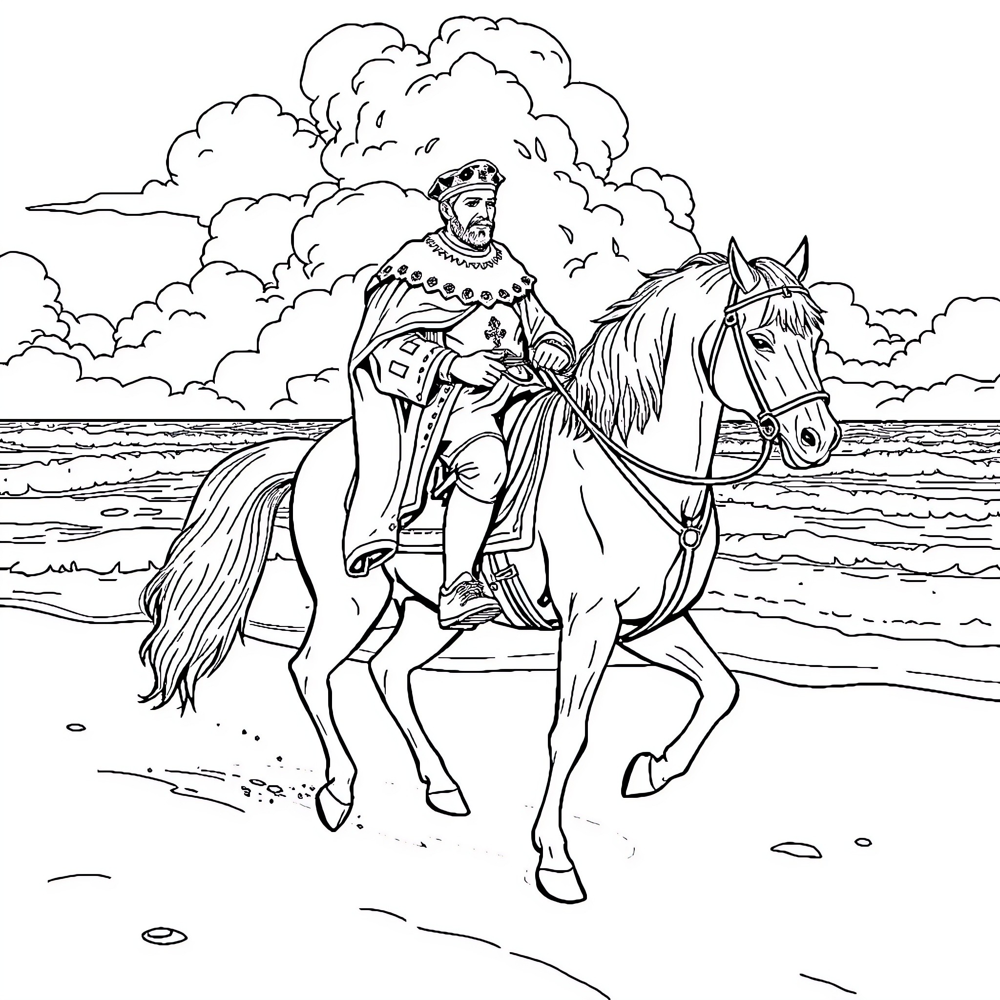 King on Horseback in Storm Coloring Page (free black-and-white line drawing printable PDF for all, from beginners to advanced learners, including children, teens, adults, and seniors)