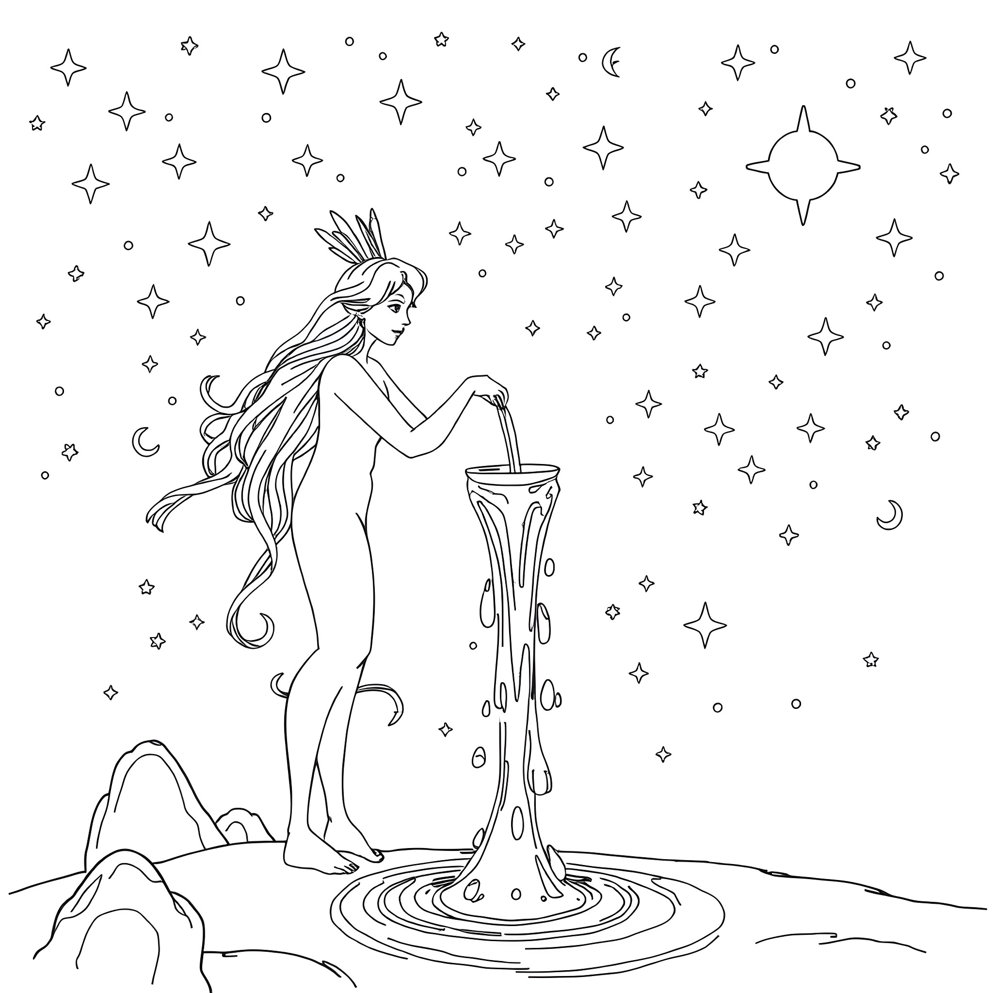 Aquarius pouring celestial water under the starry night sky Coloring Page (free black-and-white line drawing printable PDF for all, from beginners to advanced learners, including children, teens, adults, and seniors)