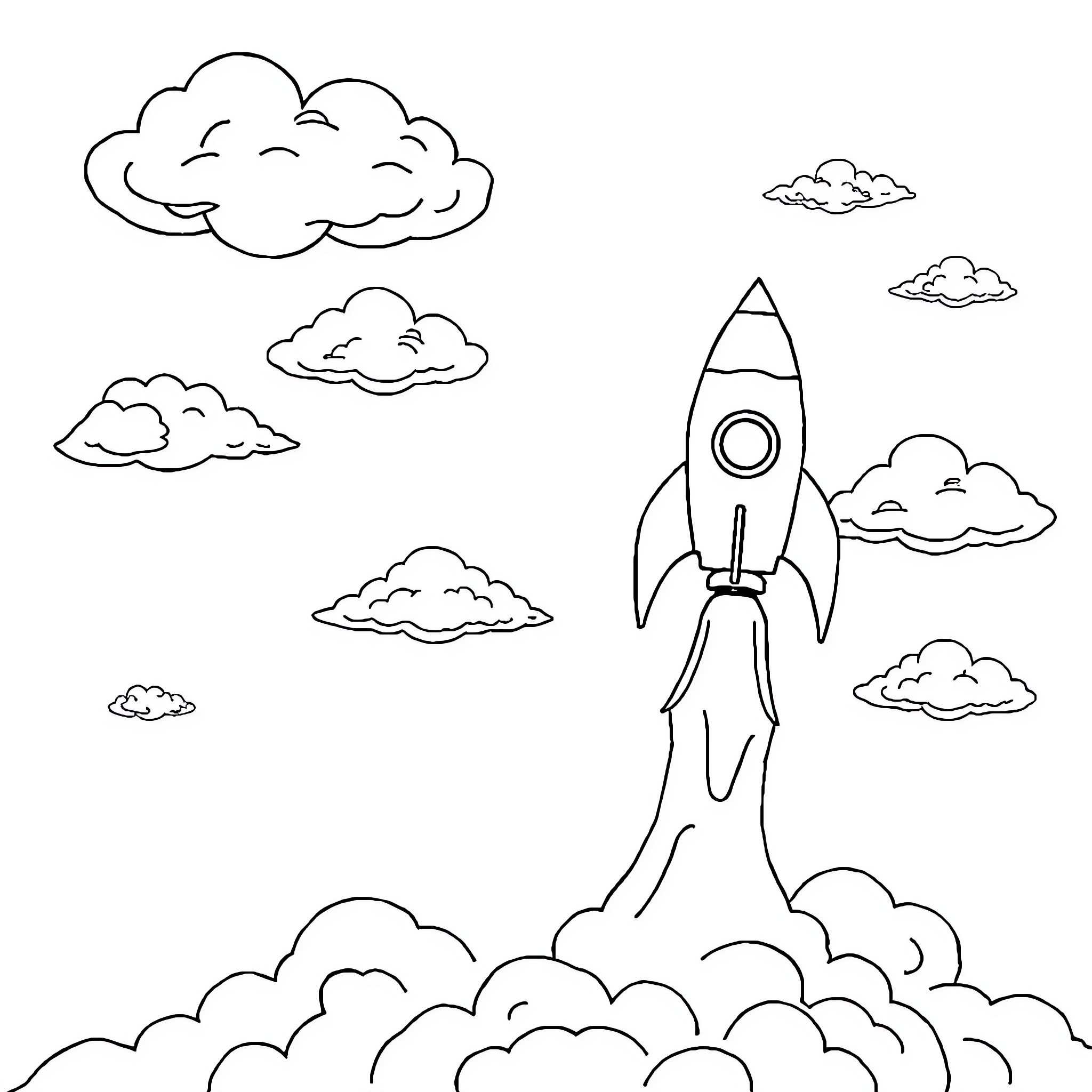 Rocket launching into the cloudy sky Coloring Page (free black-and-white line drawing printable PDF for all, from beginners to advanced learners, including children, teens, adults, and seniors)