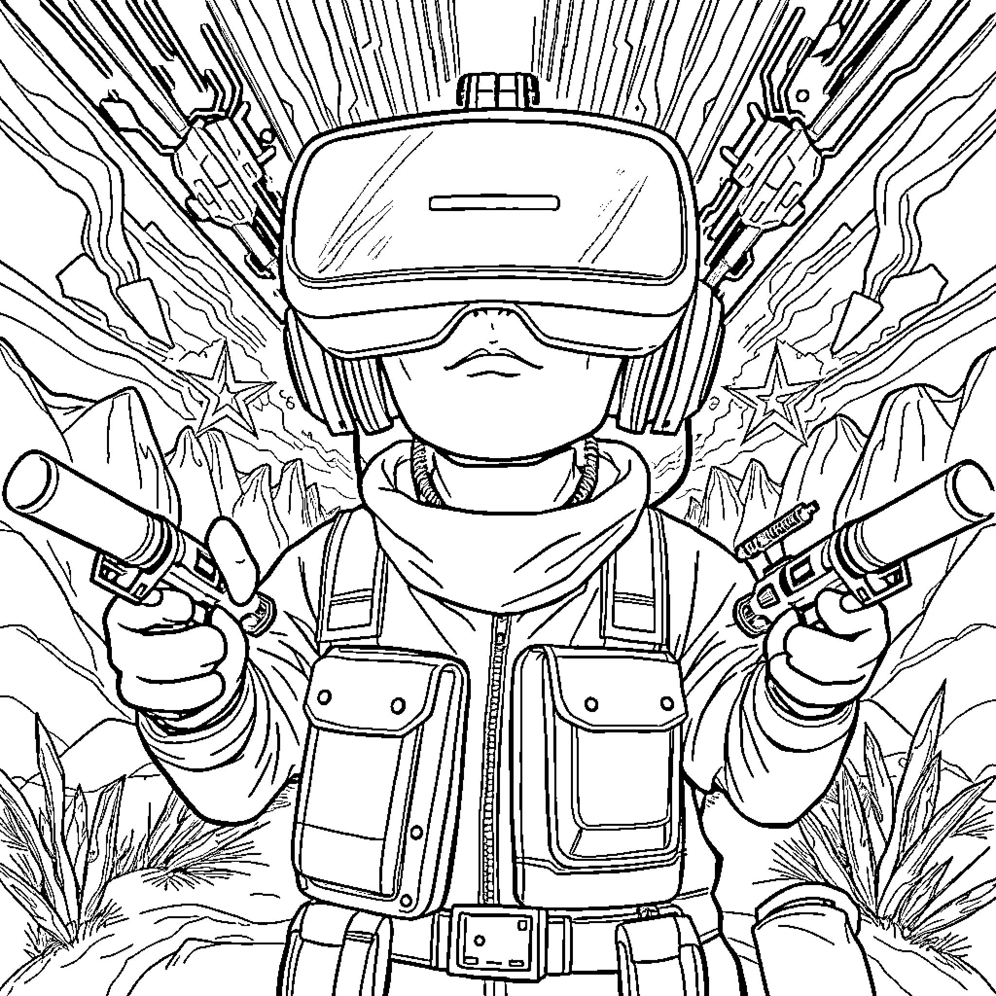 Huntrix in Virtual Battleground Coloring Page (free black-and-white line drawing printable PDF for all, from beginners to advanced learners, including children, teens, adults, and seniors)