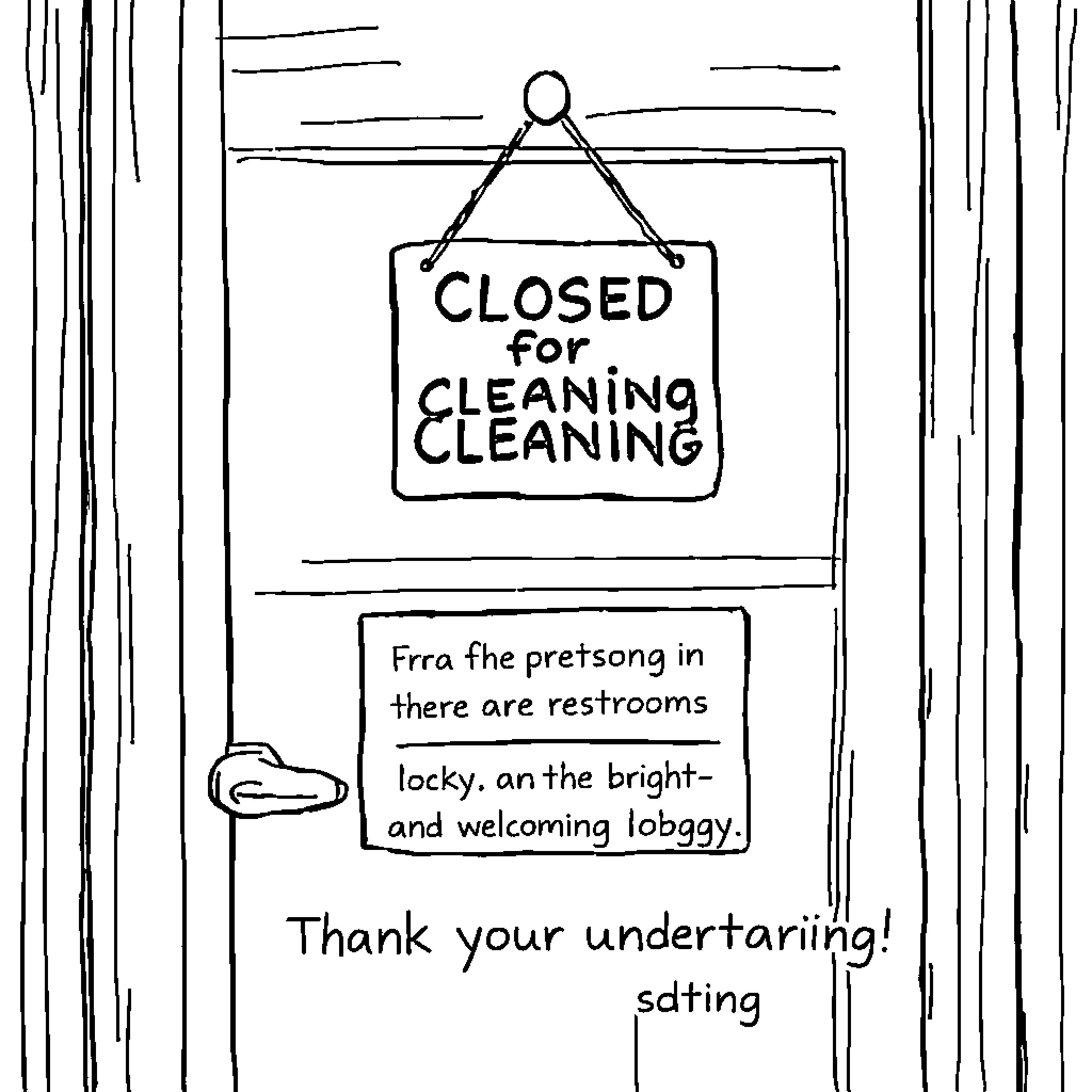 Restroom closed for cleaning maintenance Coloring Page (free black-and-white line drawing printable PDF for all, from beginners to advanced learners, including children, teens, adults, and seniors)